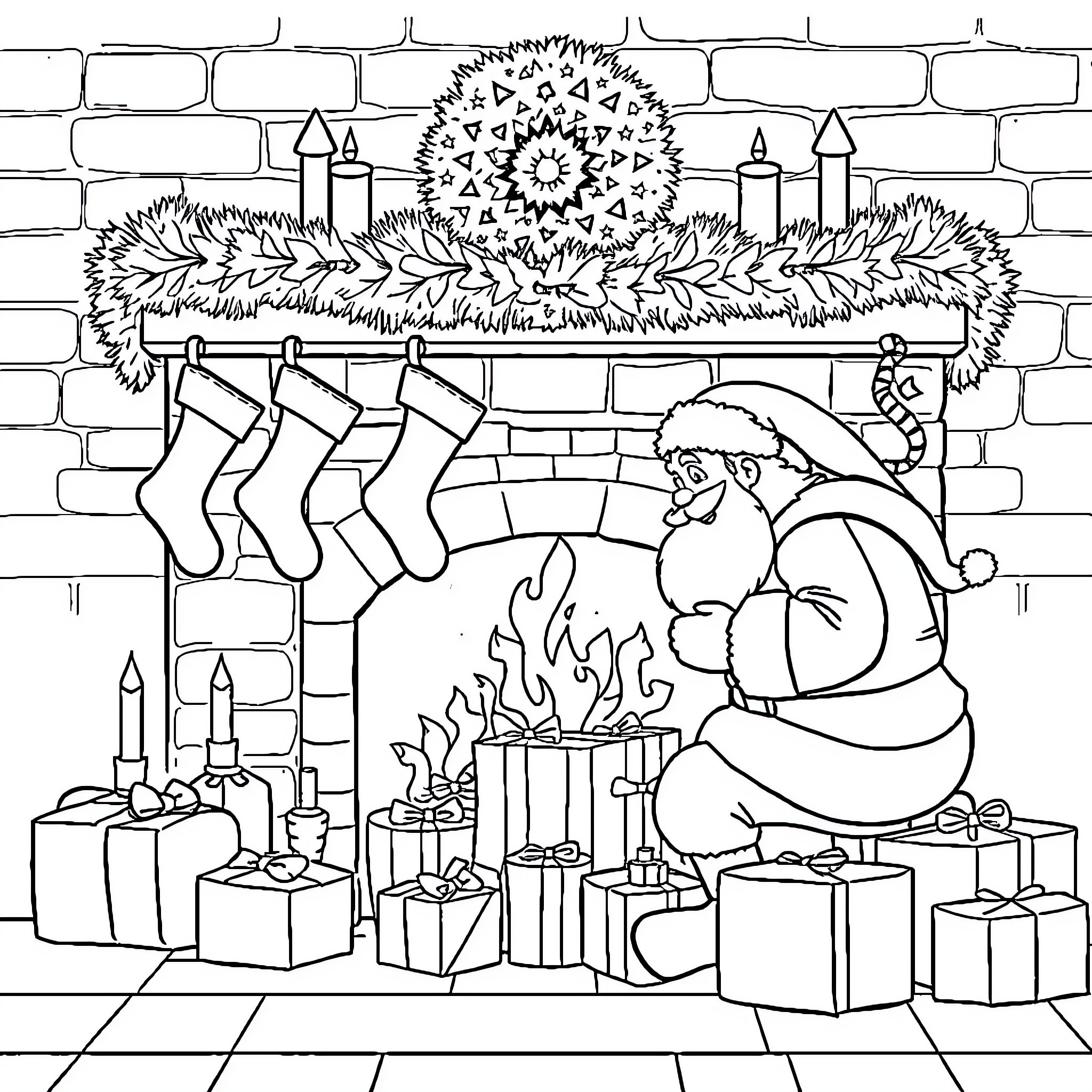 Fireplace with Festive Decorations and Gifts Coloring Page (free black-and-white line drawing printable PDF for all, from beginners to advanced learners, including children, teens, adults, and seniors)