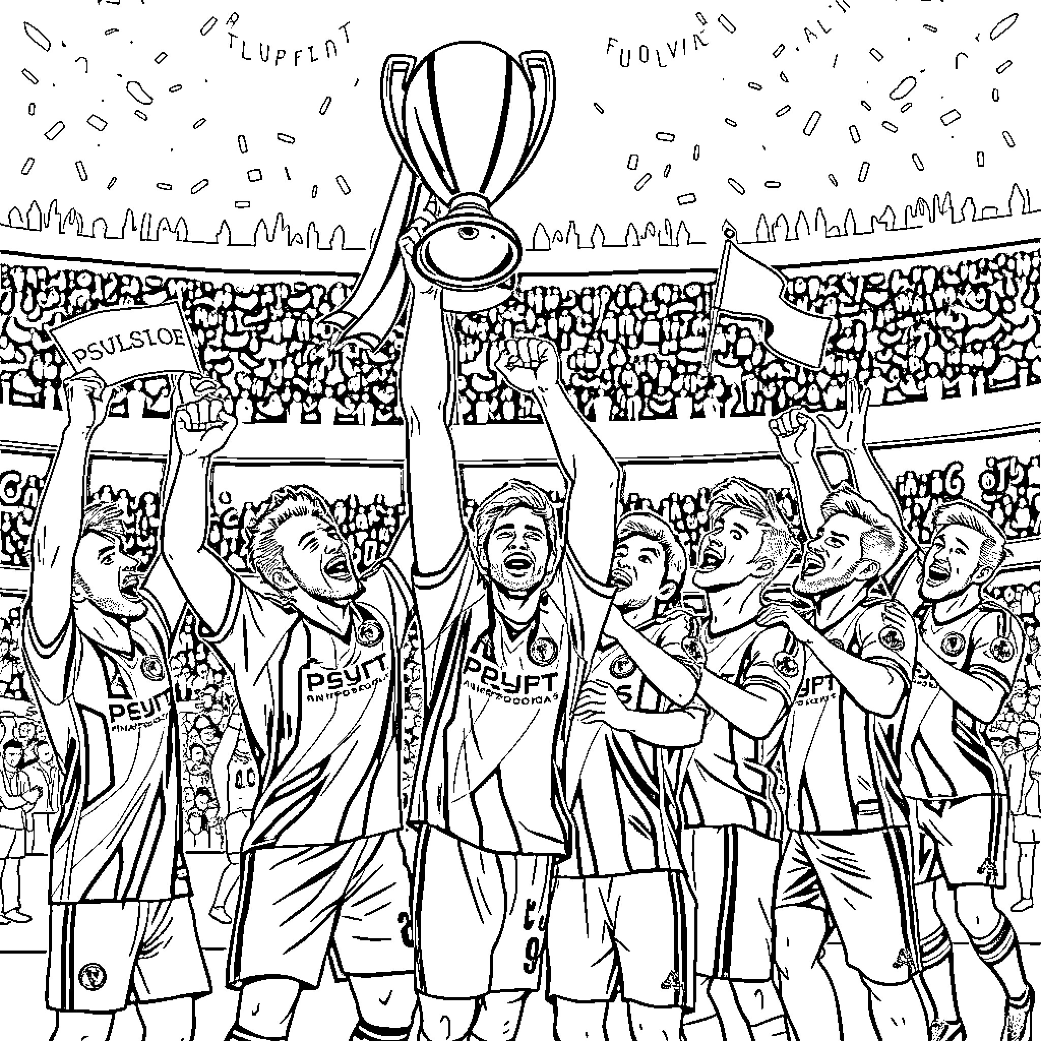 PSV Eindhoven players celebrating trophy win with fans Coloring Page (free black-and-white line drawing printable PDF for all, from beginners to advanced learners, including children, teens, adults, and seniors)