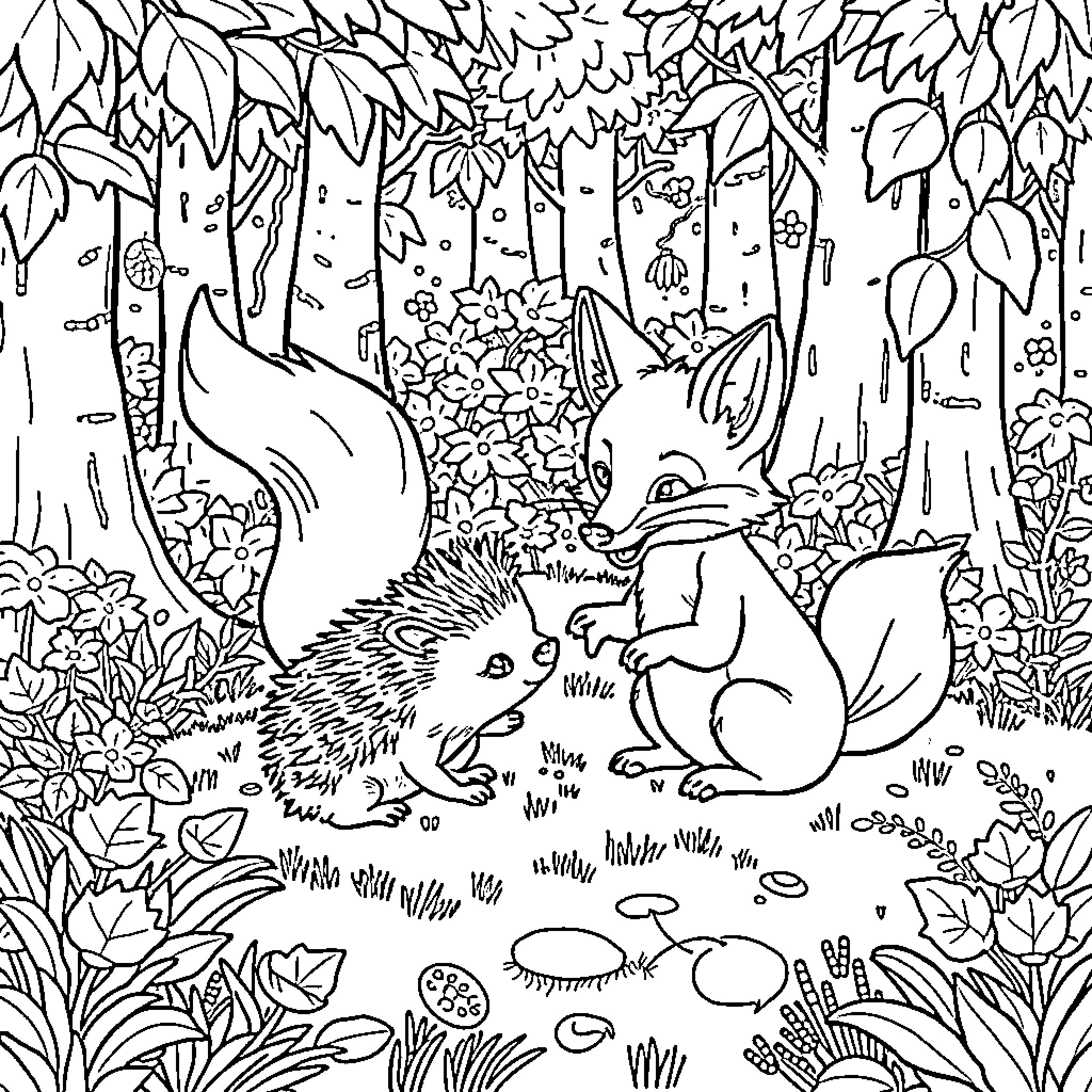 Hedgehog and Foxes Exploring the Woodland Wonderland Coloring Page (free black-and-white line drawing printable PDF for all, from beginners to advanced learners, including children, teens, adults, and seniors)