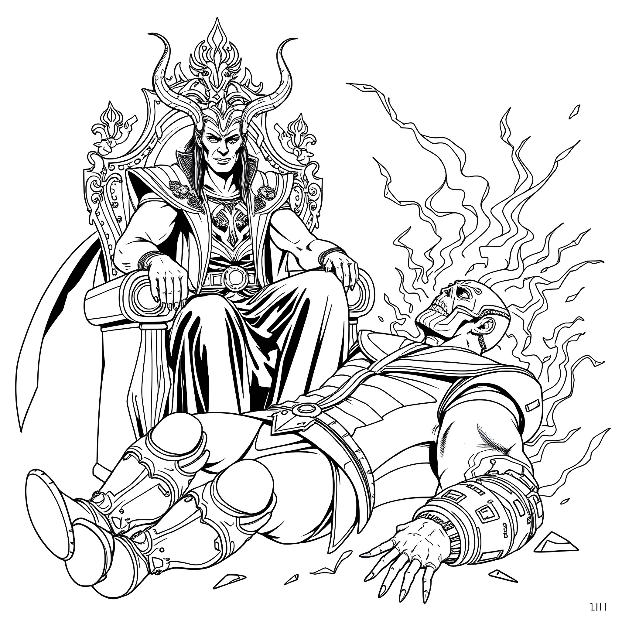 Loki, the Mischievous God, Unleashes His Wrath Coloring Page (free black-and-white line drawing printable PDF for all, from beginners to advanced learners, including children, teens, adults, and seniors)