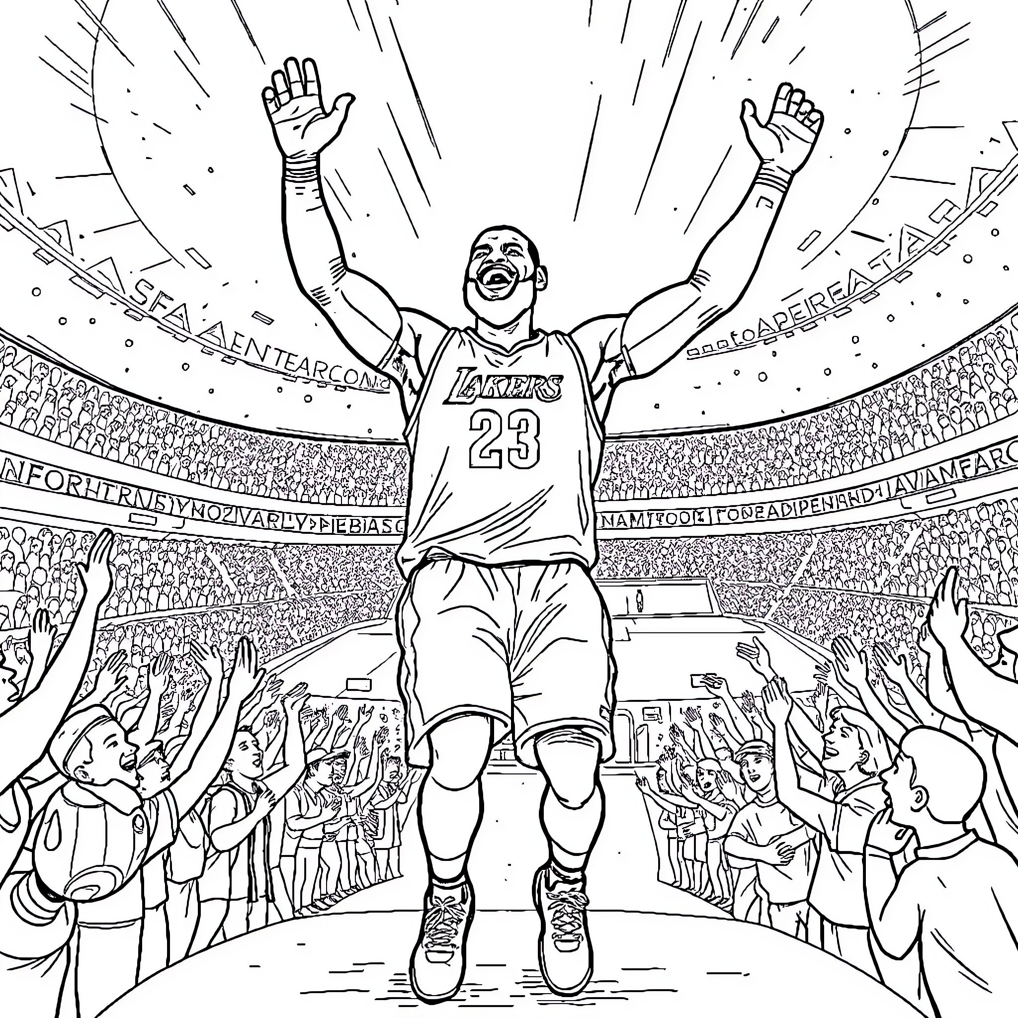 LeBron James Celebrating Victory on the Basketball Court Coloring Page (free black-and-white line drawing printable PDF for all, from beginners to advanced learners, including children, teens, adults, and seniors)