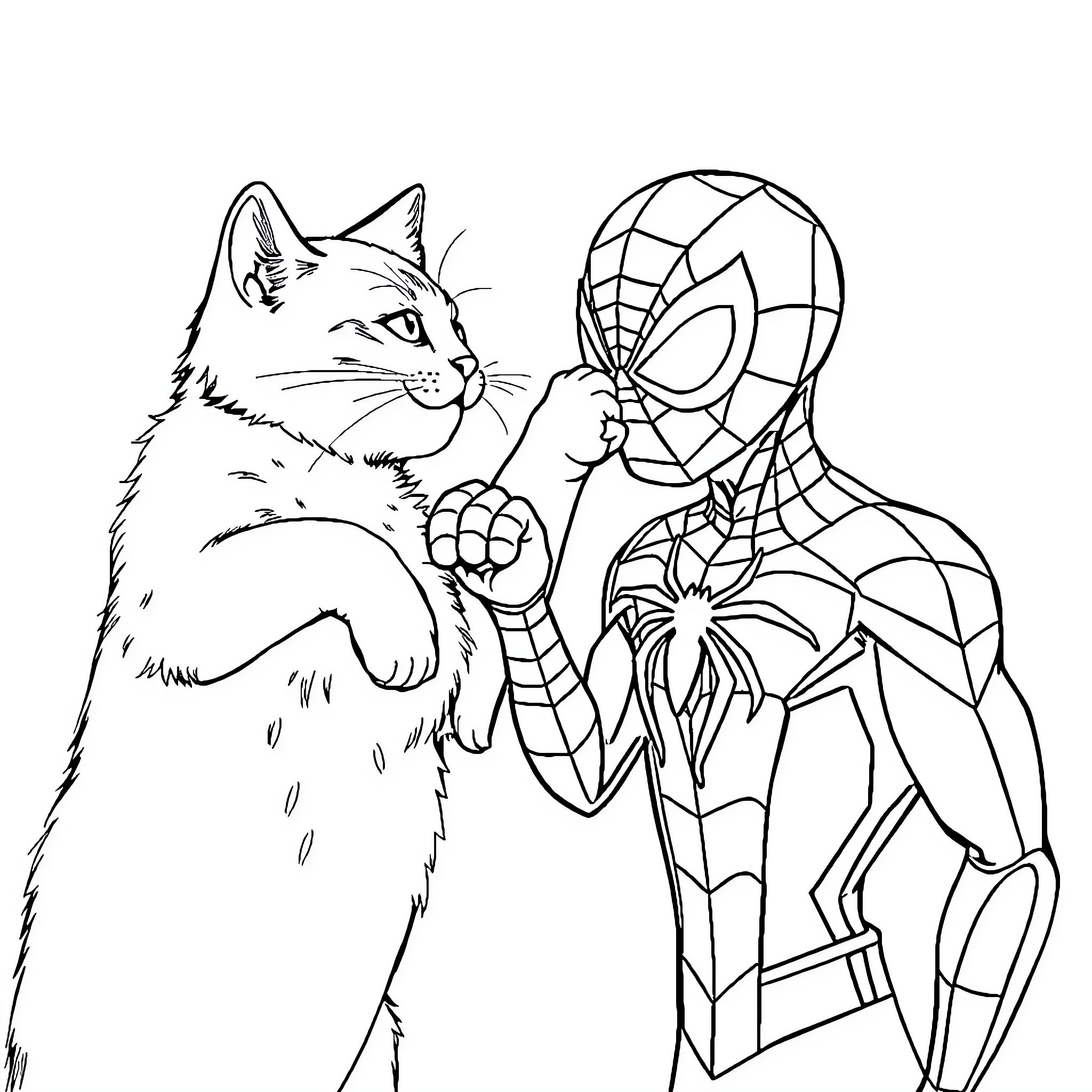 Cat meets Superhero in black and white drawing Coloring Page (free black-and-white line drawing printable PDF for all, from beginners to advanced learners, including children, teens, adults, and seniors)