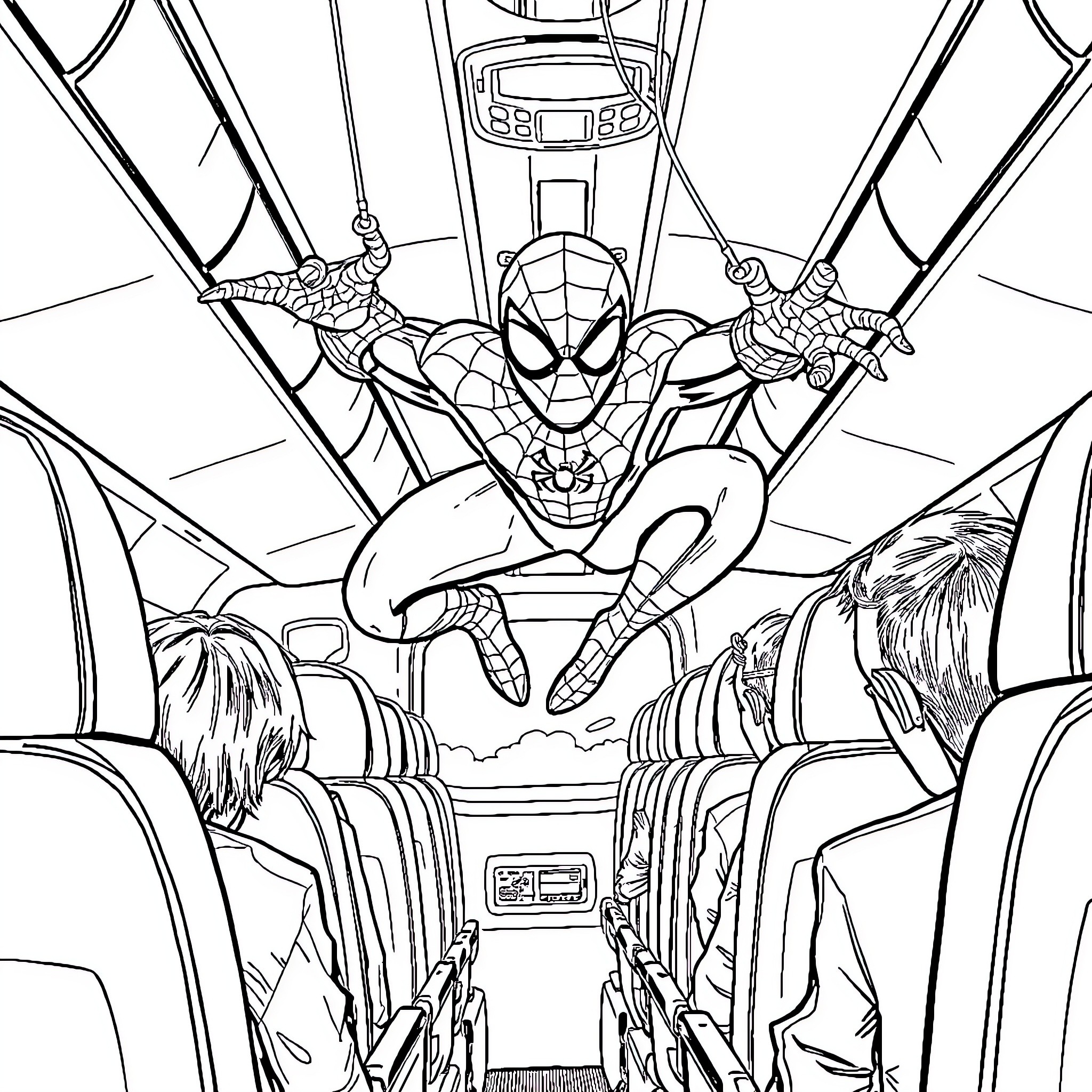 Spiderman swinging through the city on a web Coloring Page (free black-and-white line drawing printable PDF for all, from beginners to advanced learners, including children, teens, adults, and seniors)