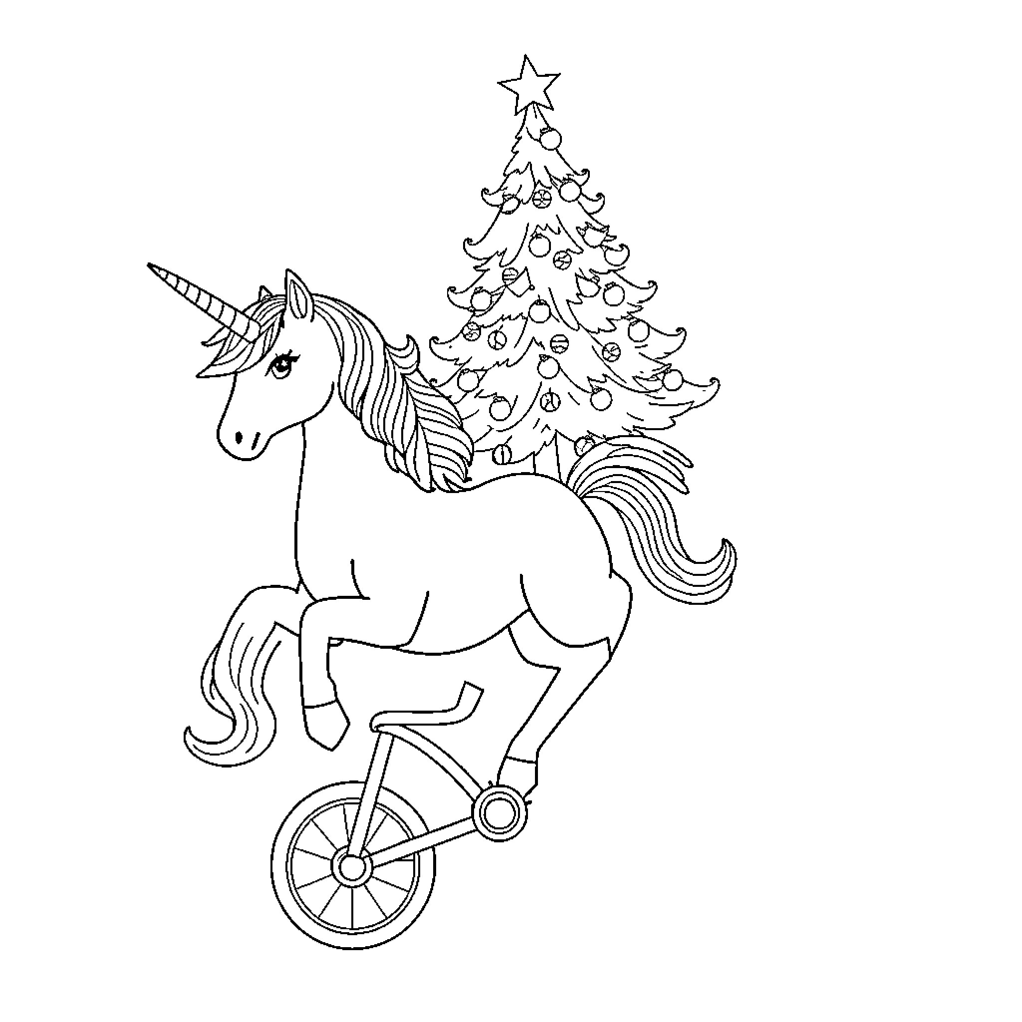 Unicorn riding a bicycle near a Christmas tree Coloring Page (free black-and-white line drawing printable PDF for all, from beginners to advanced learners, including children, teens, adults, and seniors)