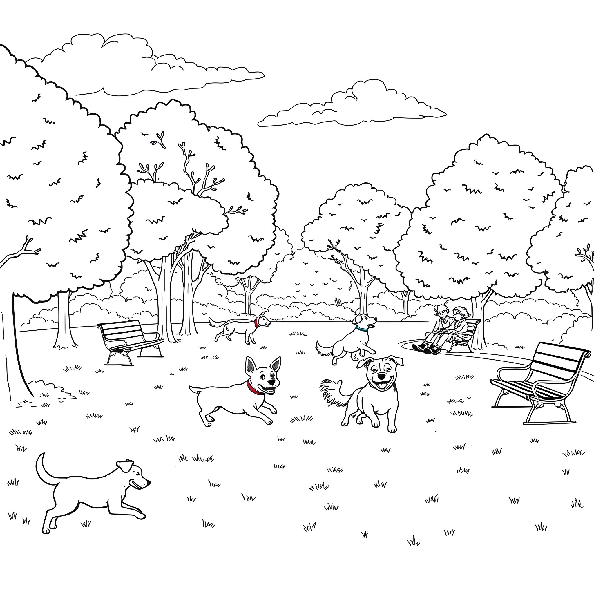 Dogs playing joyfully in the park Coloring Page (free black-and-white line drawing printable PDF for all, from beginners to advanced learners, including children, teens, adults, and seniors)