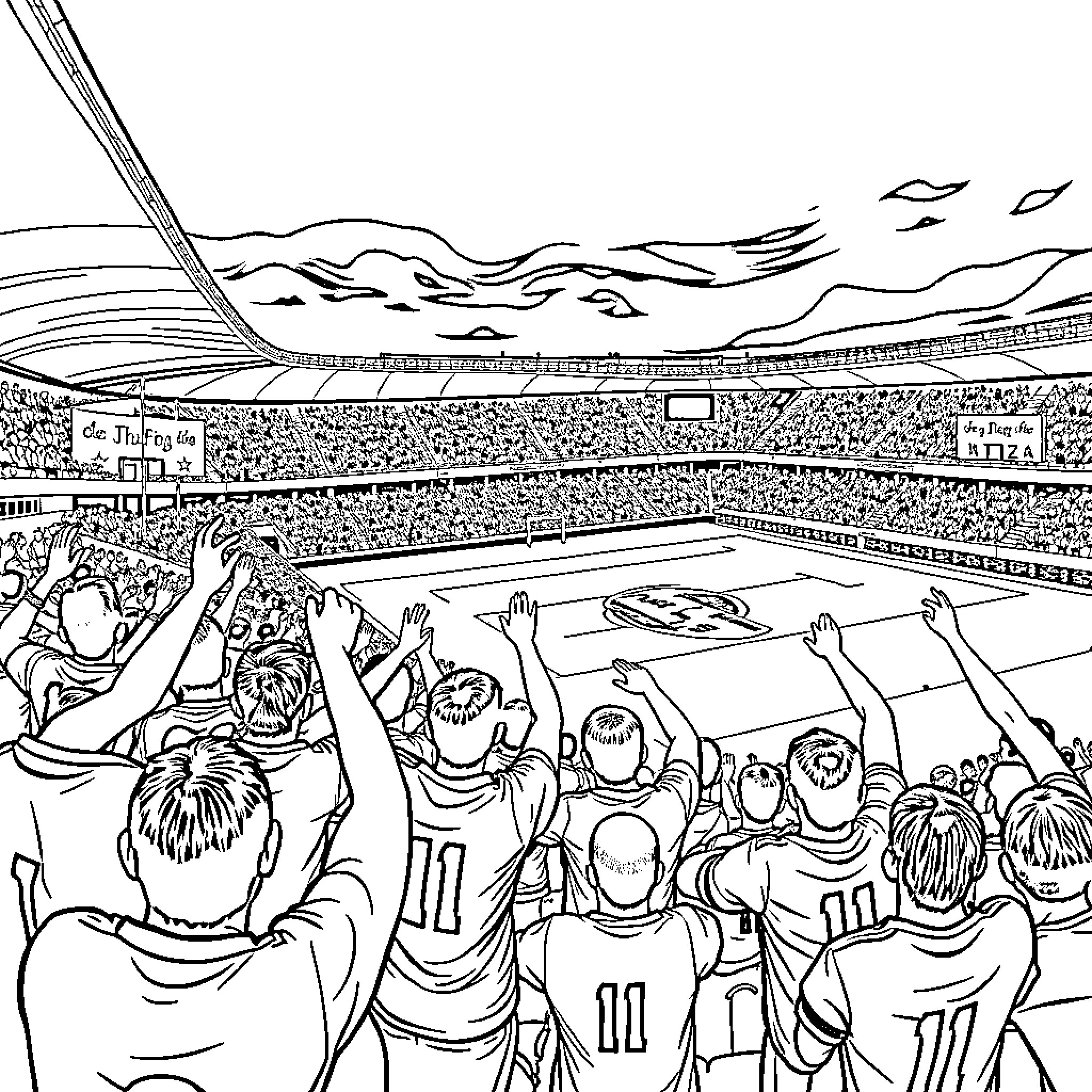 Workshop of Lively Cheering Sports Fans in Stadium Coloring Page (free black-and-white line drawing printable PDF for all, from beginners to advanced learners, including children, teens, adults, and seniors)