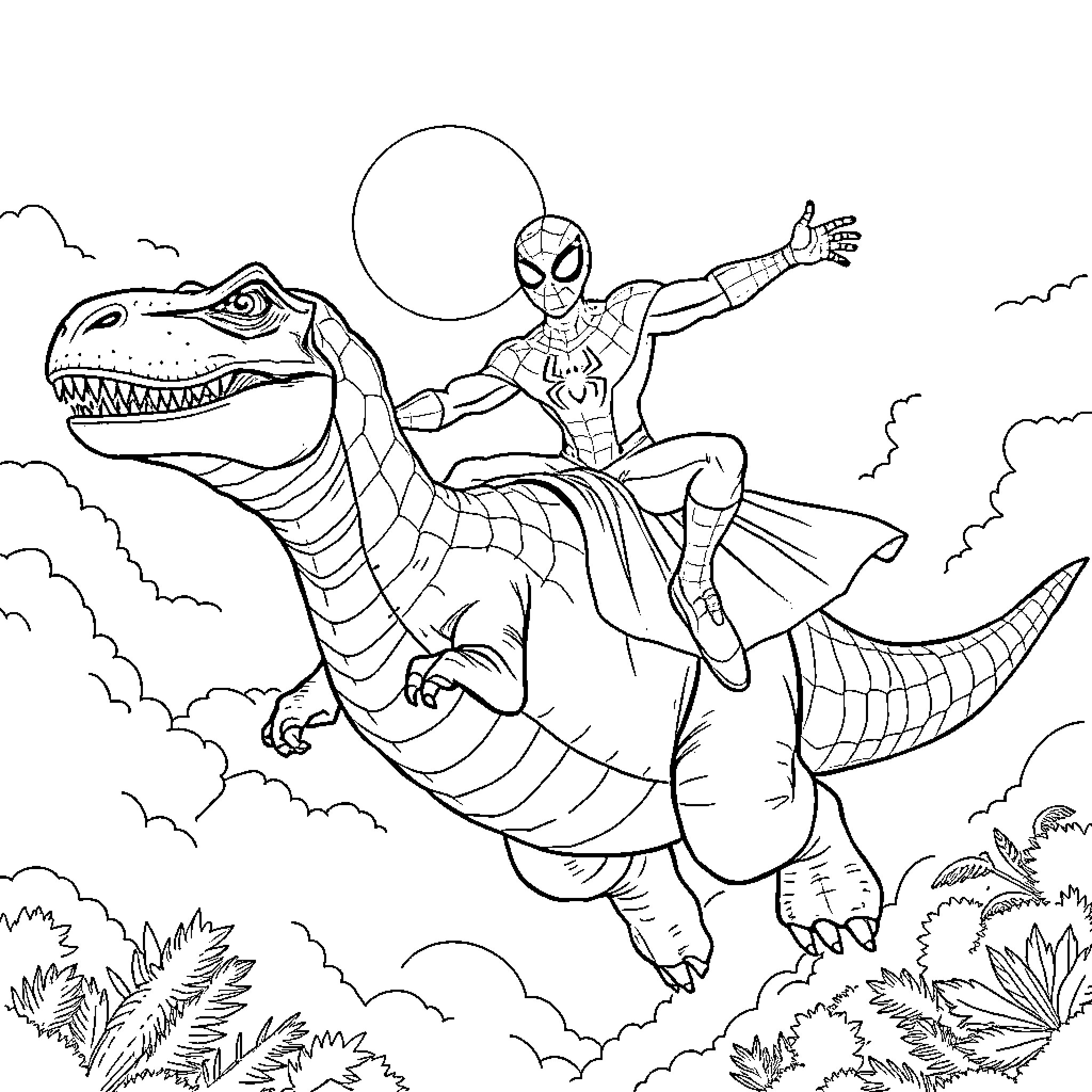 Spiderman riding a dinosaur in the sky Coloring Page (free black-and-white line drawing printable PDF for all, from beginners to advanced learners, including children, teens, adults, and seniors)