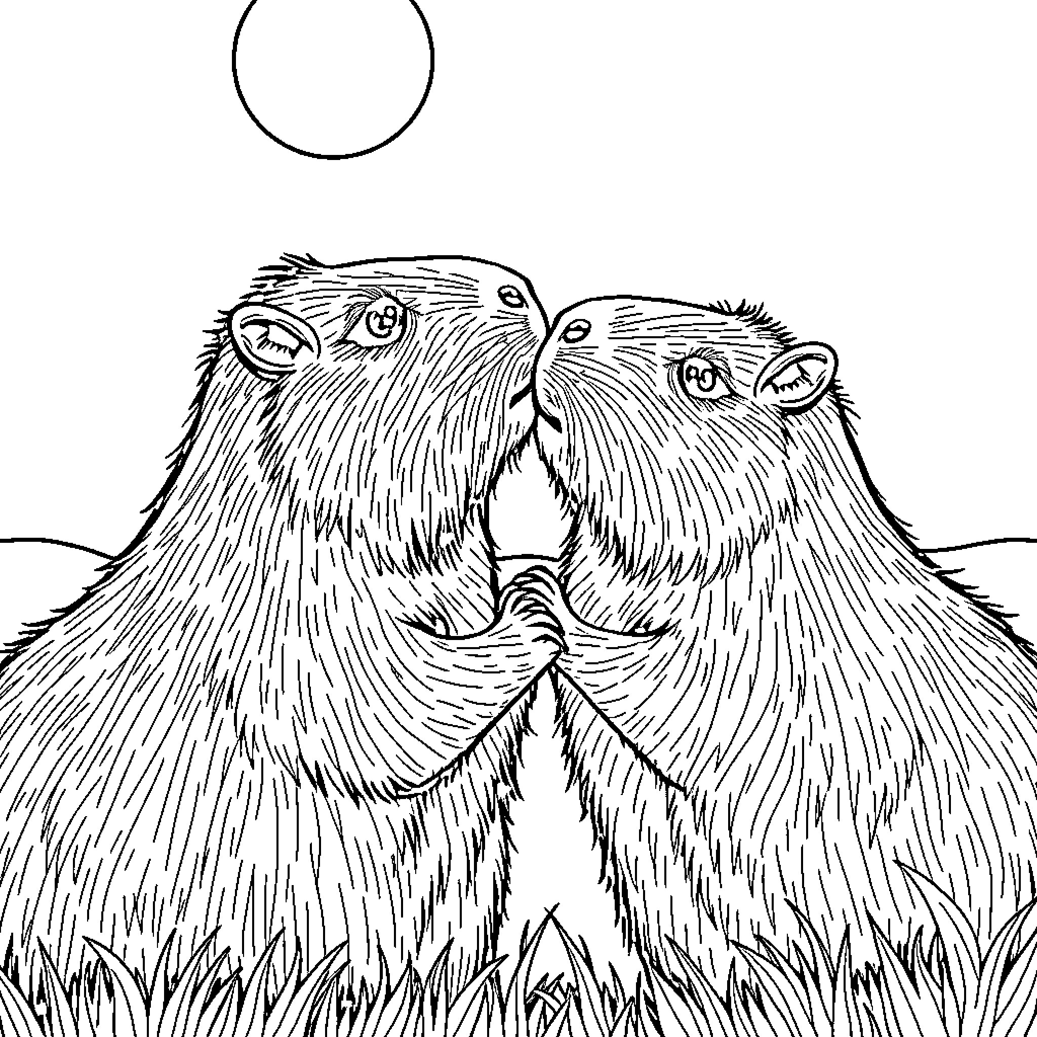 Capybara companions enjoying tranquil moment Coloring Page (free black-and-white line drawing printable PDF for all, from beginners to advanced learners, including children, teens, adults, and seniors)