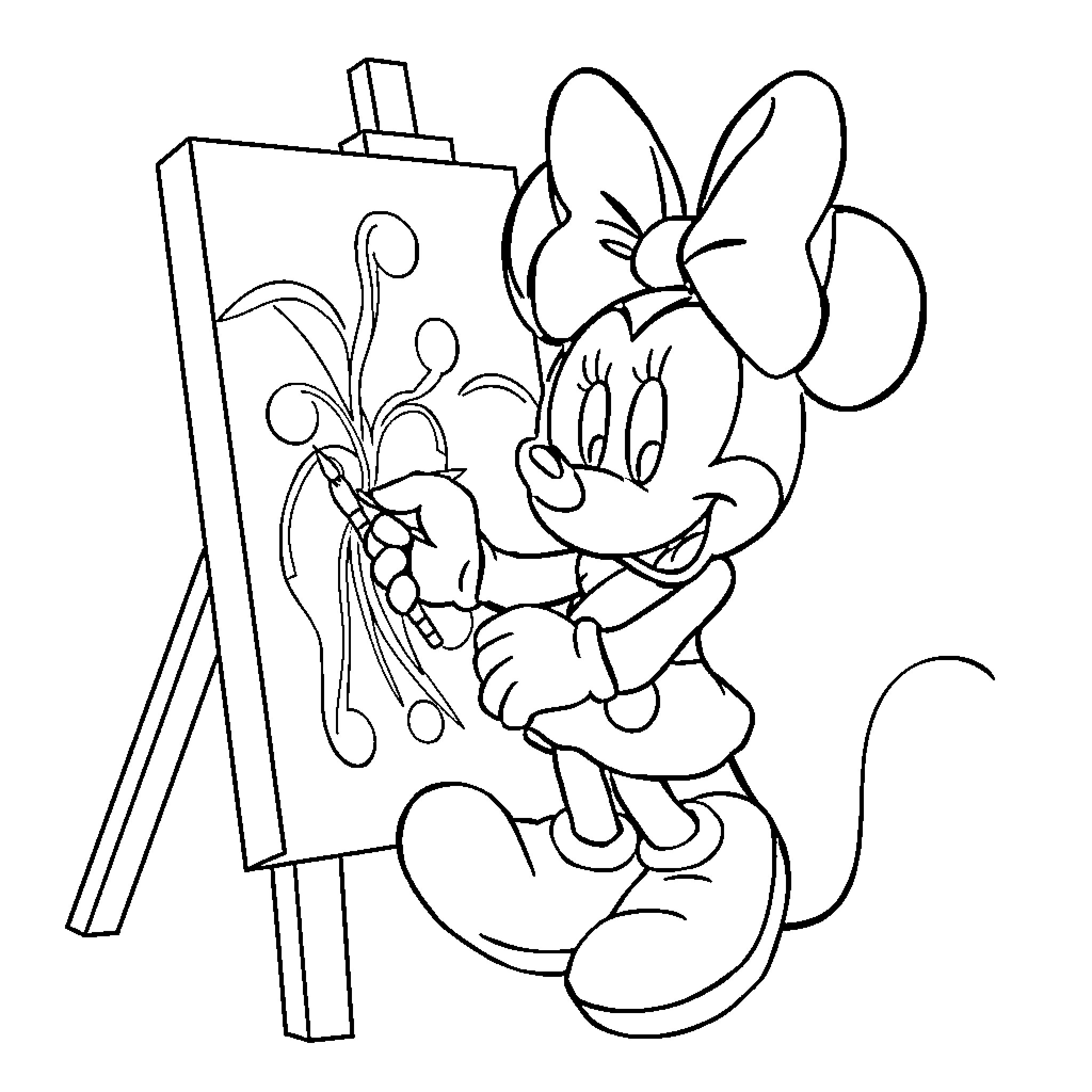 Mimi Mouse paints on an easel Coloring Page (free black-and-white line drawing printable PDF for all, from beginners to advanced learners, including children, teens, adults, and seniors)