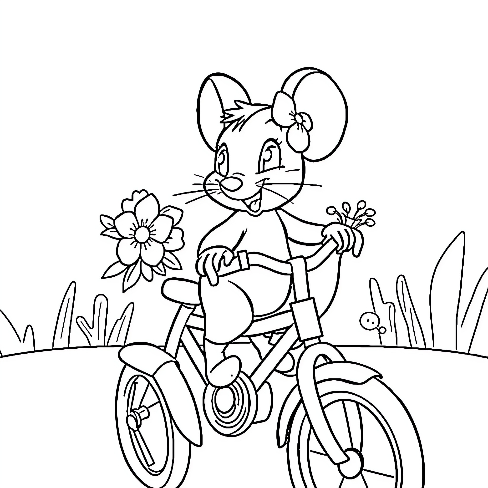 Mouse riding bicycle and holding flower Coloring Page (free black-and-white line drawing printable PDF for all, from beginners to advanced learners, including children, teens, adults, and seniors)