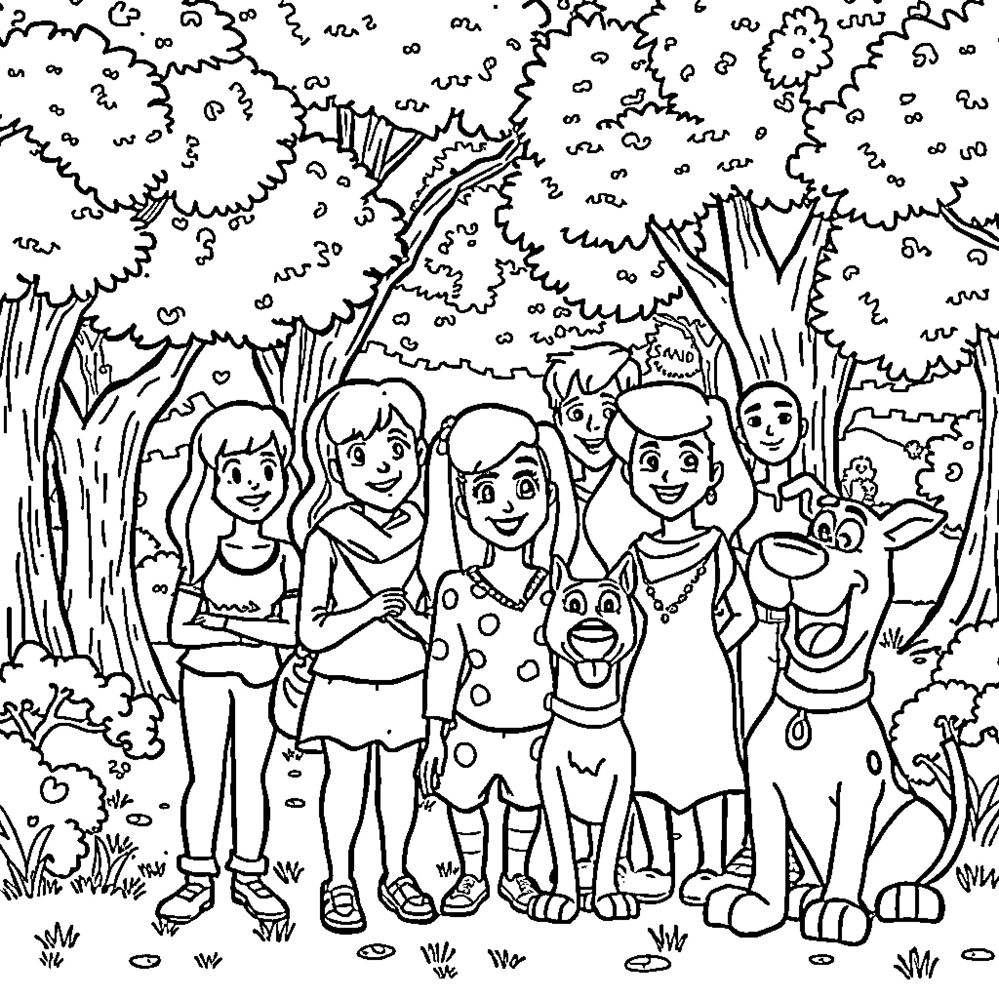 Carol's Family Fun in the Outdoors Coloring Page (free black-and-white line drawing printable PDF for all, from beginners to advanced learners, including children, teens, adults, and seniors)