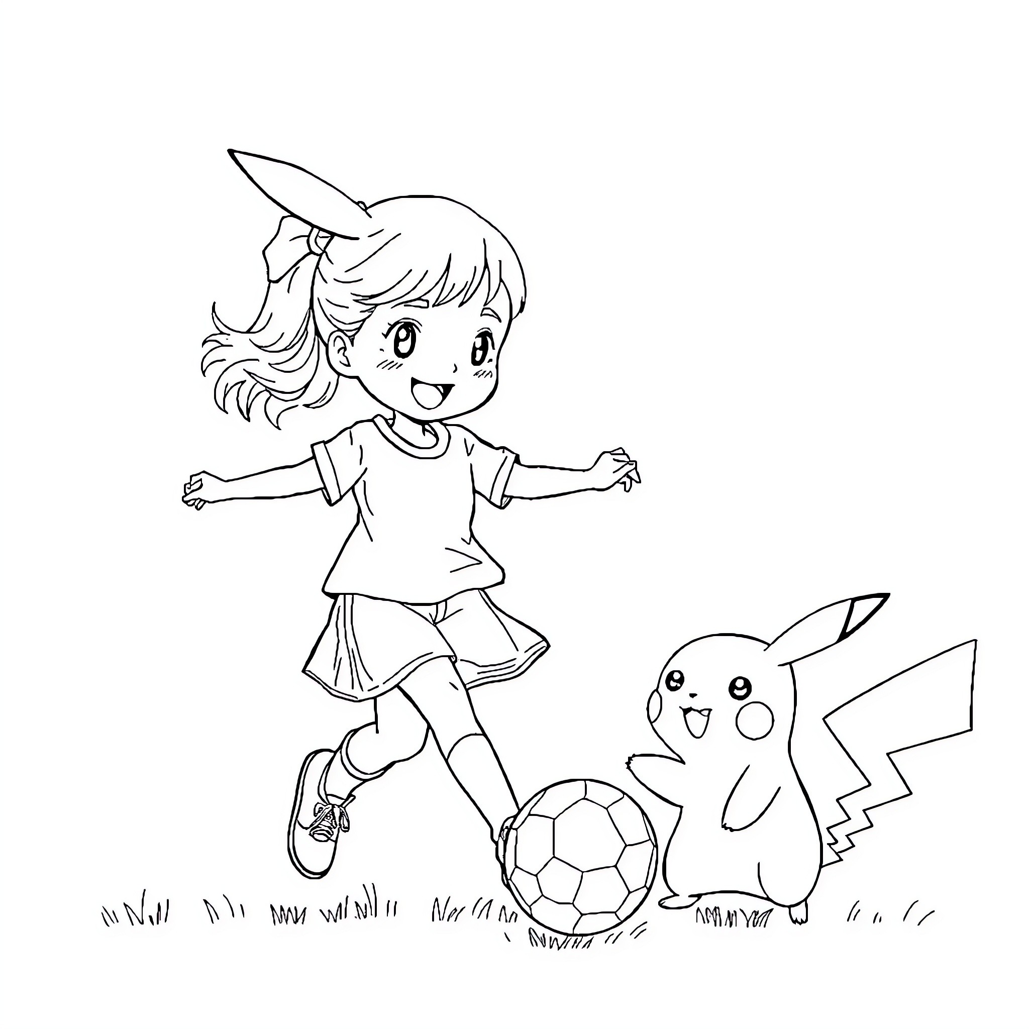 Girl kicking soccer ball with Pikachu Coloring Page (free black-and-white line drawing printable PDF for all, from beginners to advanced learners, including children, teens, adults, and seniors)