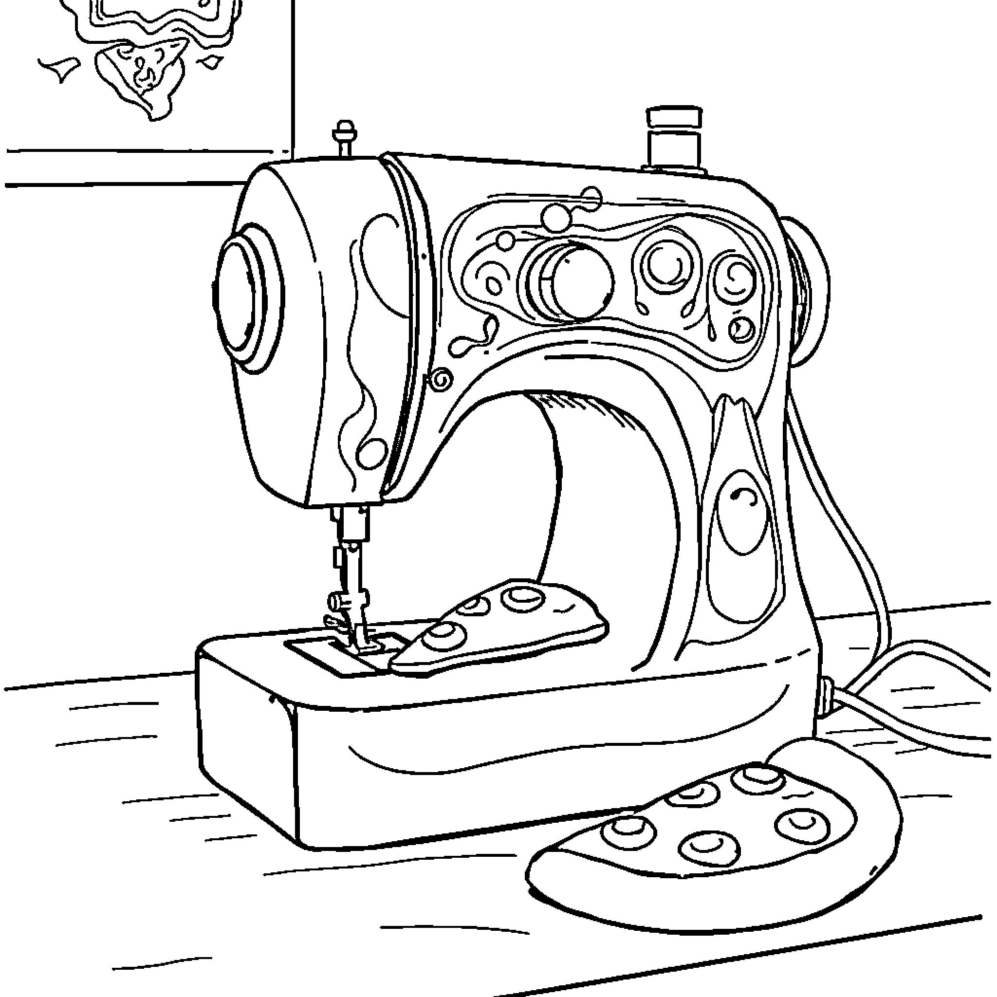 Sewing Machine in Use with Accessories Coloring Page (free black-and-white line drawing printable PDF for all, from beginners to advanced learners, including children, teens, adults, and seniors)