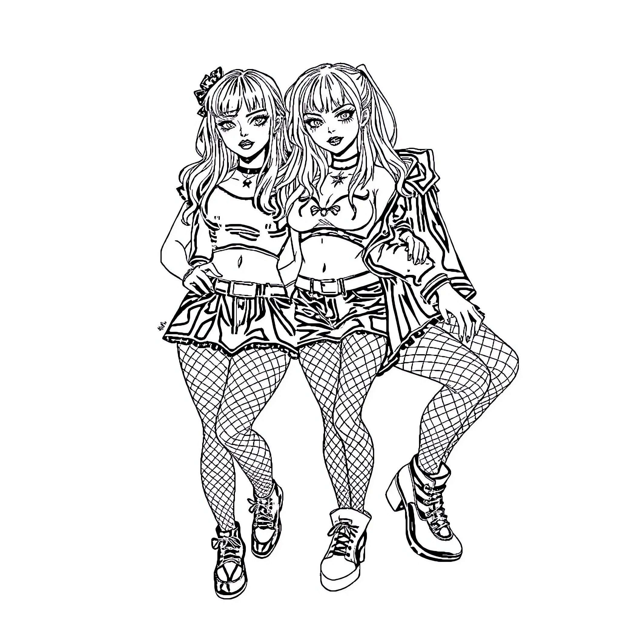 Goth Girls in Punk Rock Outfits Coloring Page (free black-and-white line drawing printable PDF for all, from beginners to advanced learners, including children, teens, adults, and seniors)