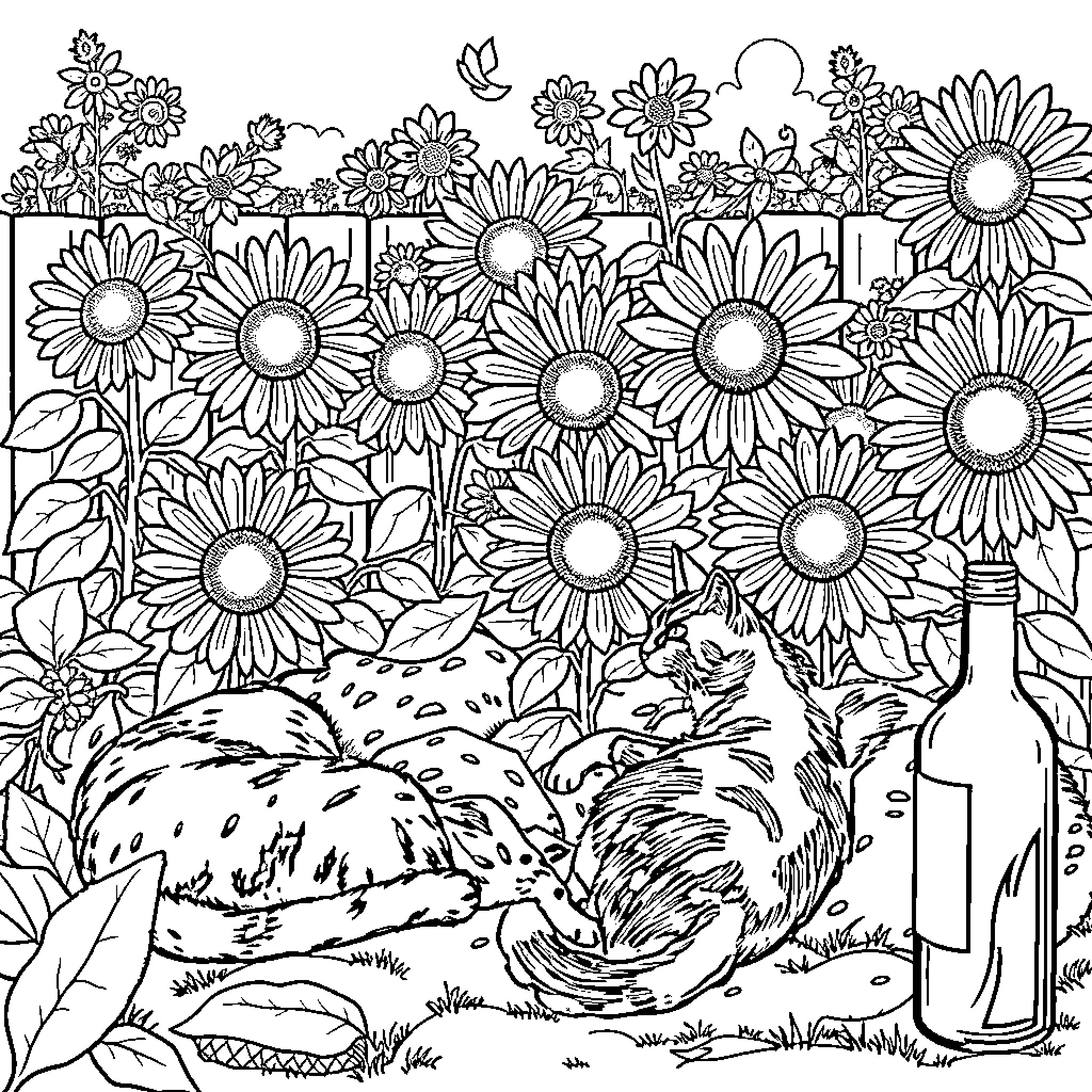 Cat napping in a field of vibrant flowers Coloring Page (free black-and-white line drawing printable PDF for all, from beginners to advanced learners, including children, teens, adults, and seniors)