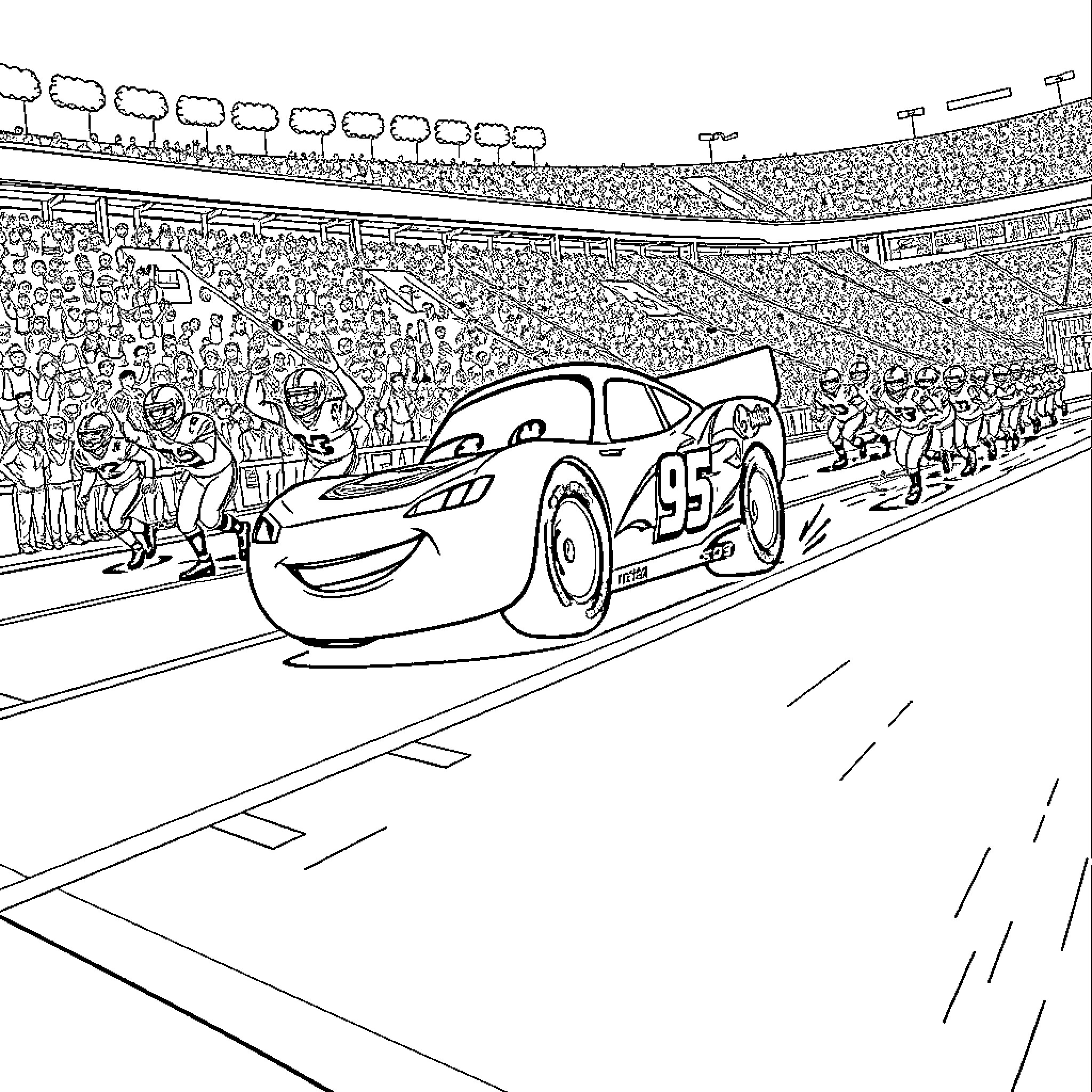 Lightning McQueen racing against opponents on the track Coloring Page (free black-and-white line drawing printable PDF for all, from beginners to advanced learners, including children, teens, adults, and seniors)