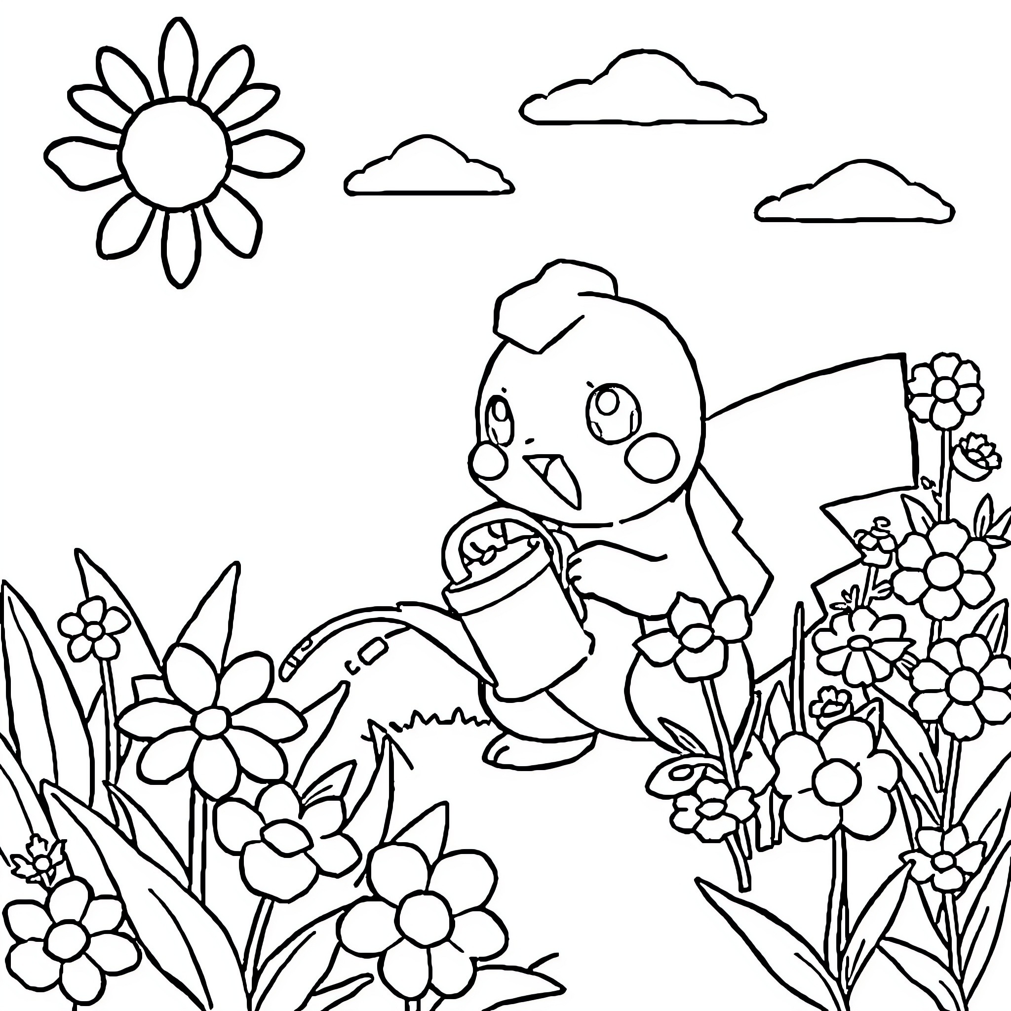 Pokémon character gardening in a floral field Coloring Page (free black-and-white line drawing printable PDF for all, from beginners to advanced learners, including children, teens, adults, and seniors)