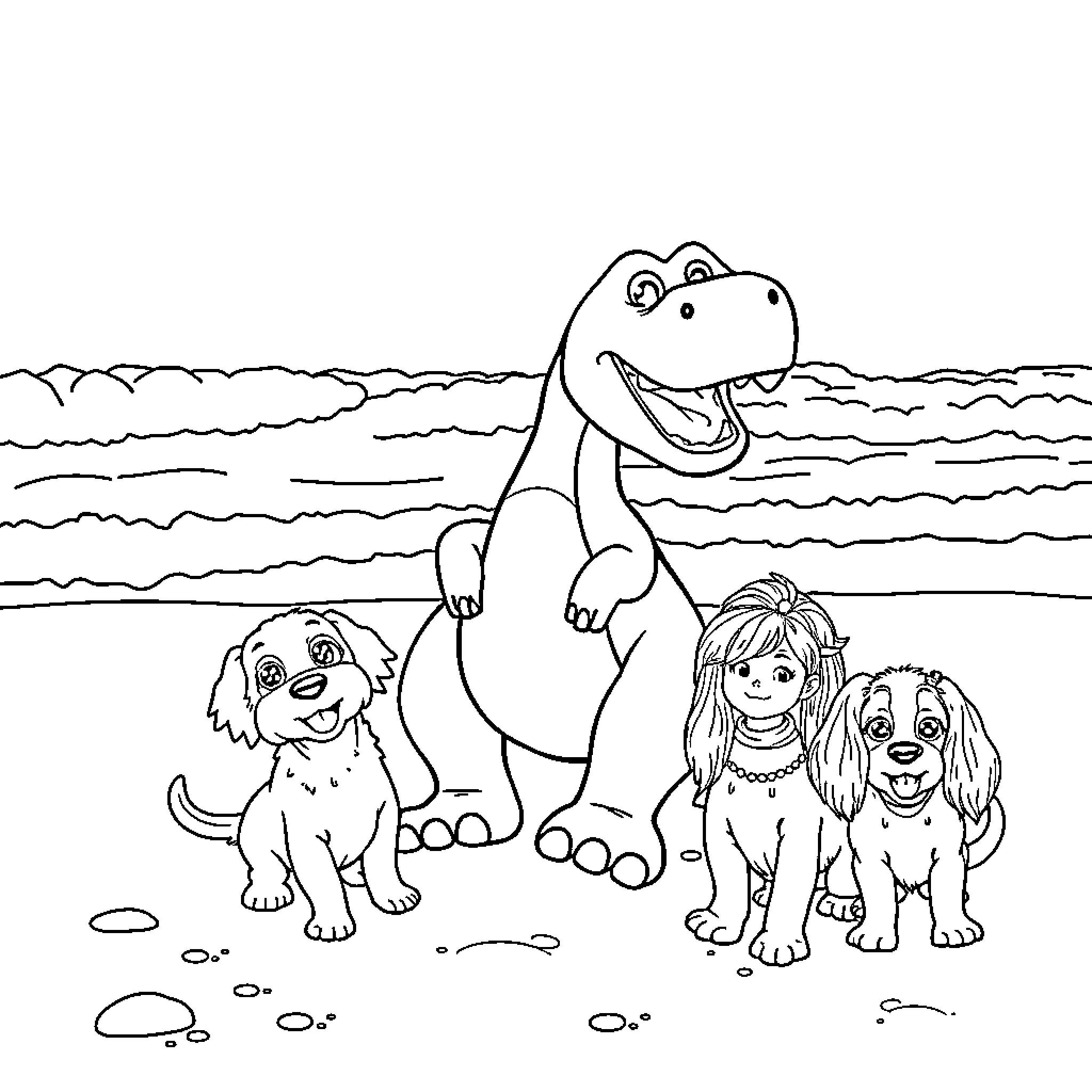 Barney and friends explore the beach with pets Coloring Page (free black-and-white line drawing printable PDF for all, from beginners to advanced learners, including children, teens, adults, and seniors)
