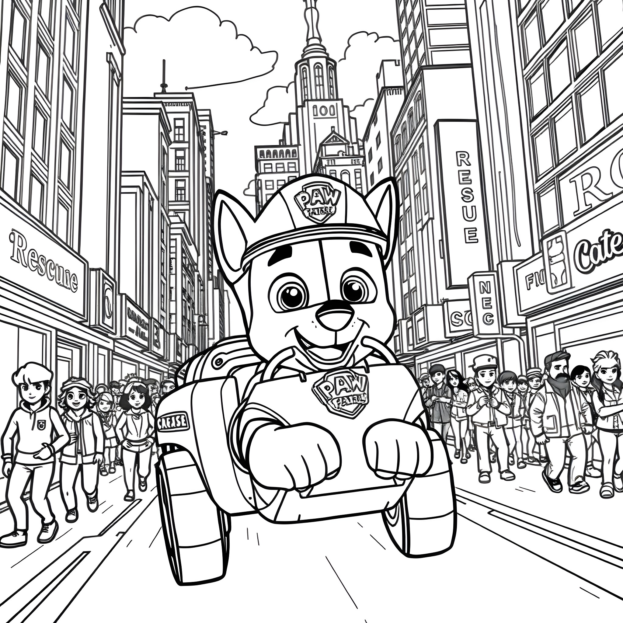 Chase through the city with a rescue pup Coloring Page (free black-and-white line drawing printable PDF for all, from beginners to advanced learners, including children, teens, adults, and seniors)
