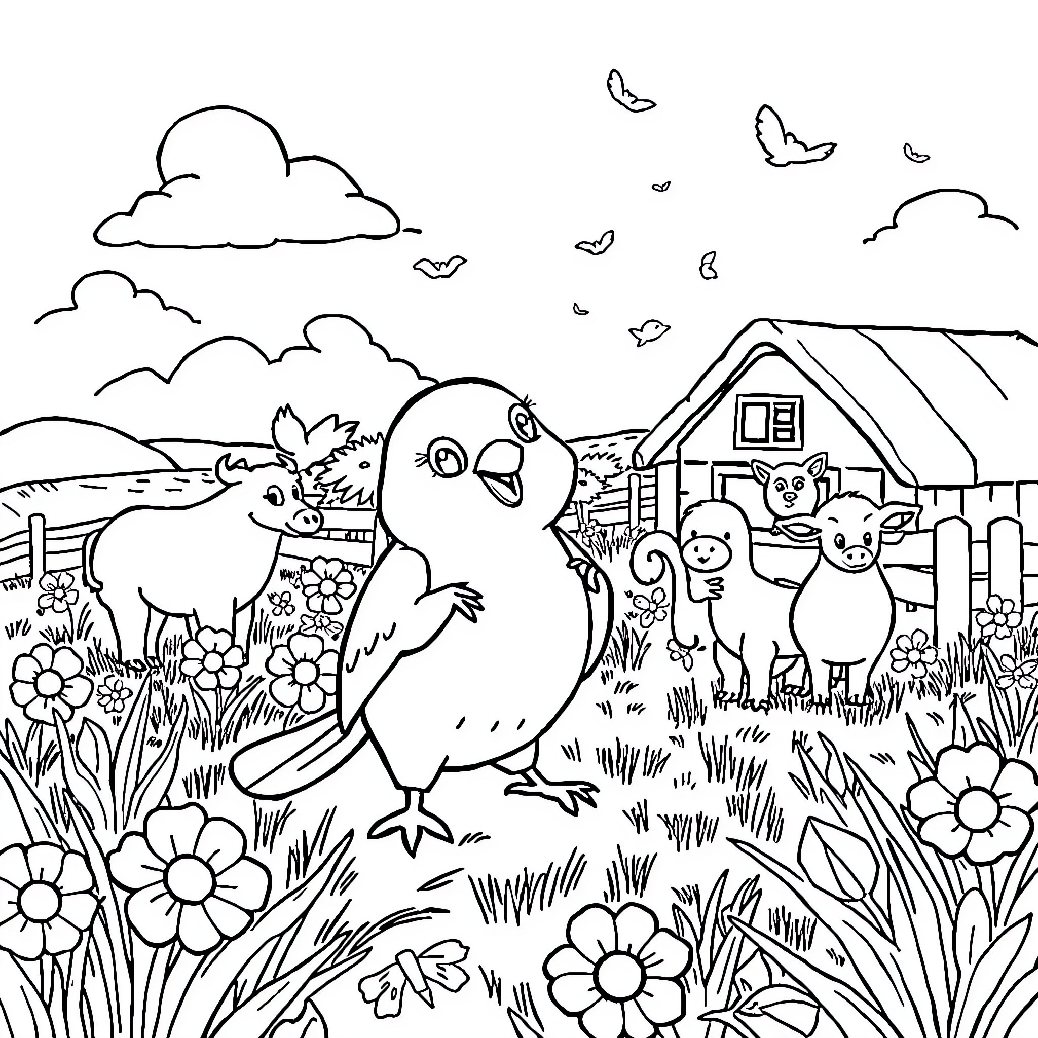 Paw Patrol characters in a countryside scene Coloring Page (free black-and-white line drawing printable PDF for all, from beginners to advanced learners, including children, teens, adults, and seniors)