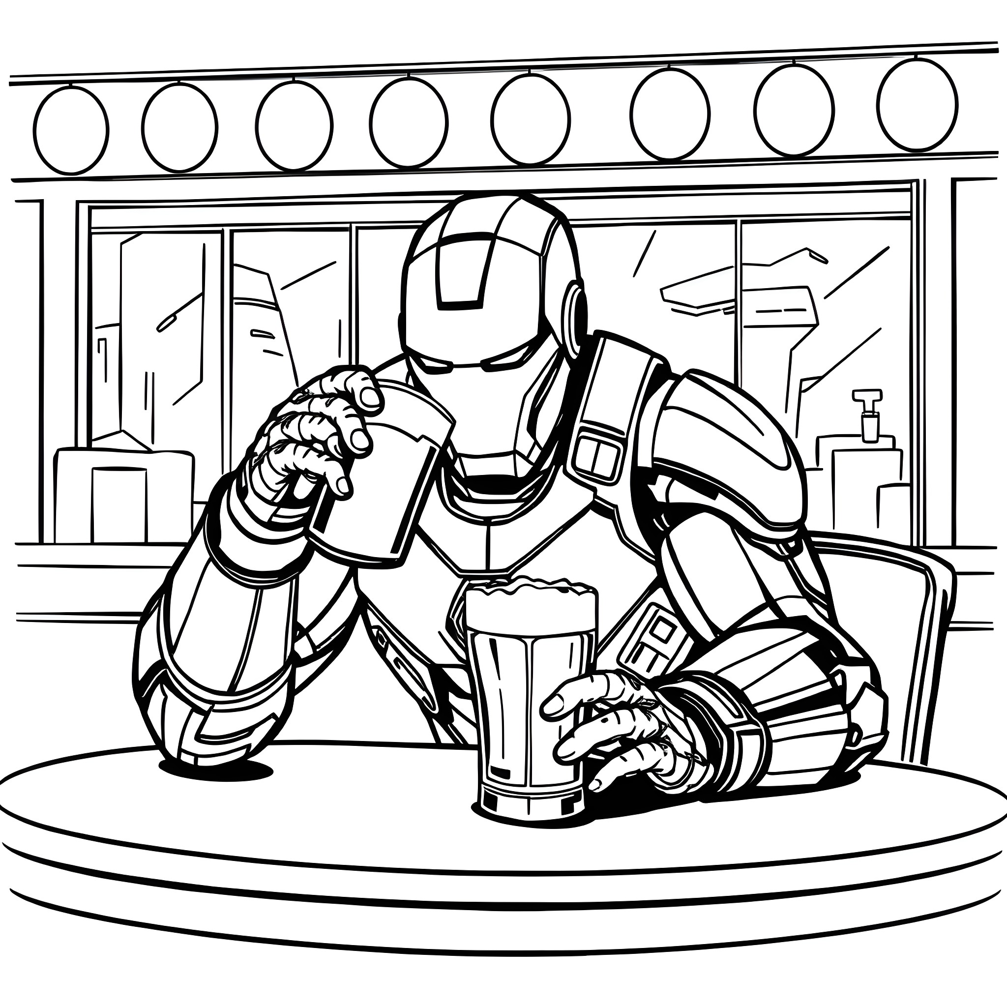 Ironman in Heroic Pose at Workshop Coloring Page (free black-and-white line drawing printable PDF for all, from beginners to advanced learners, including children, teens, adults, and seniors)