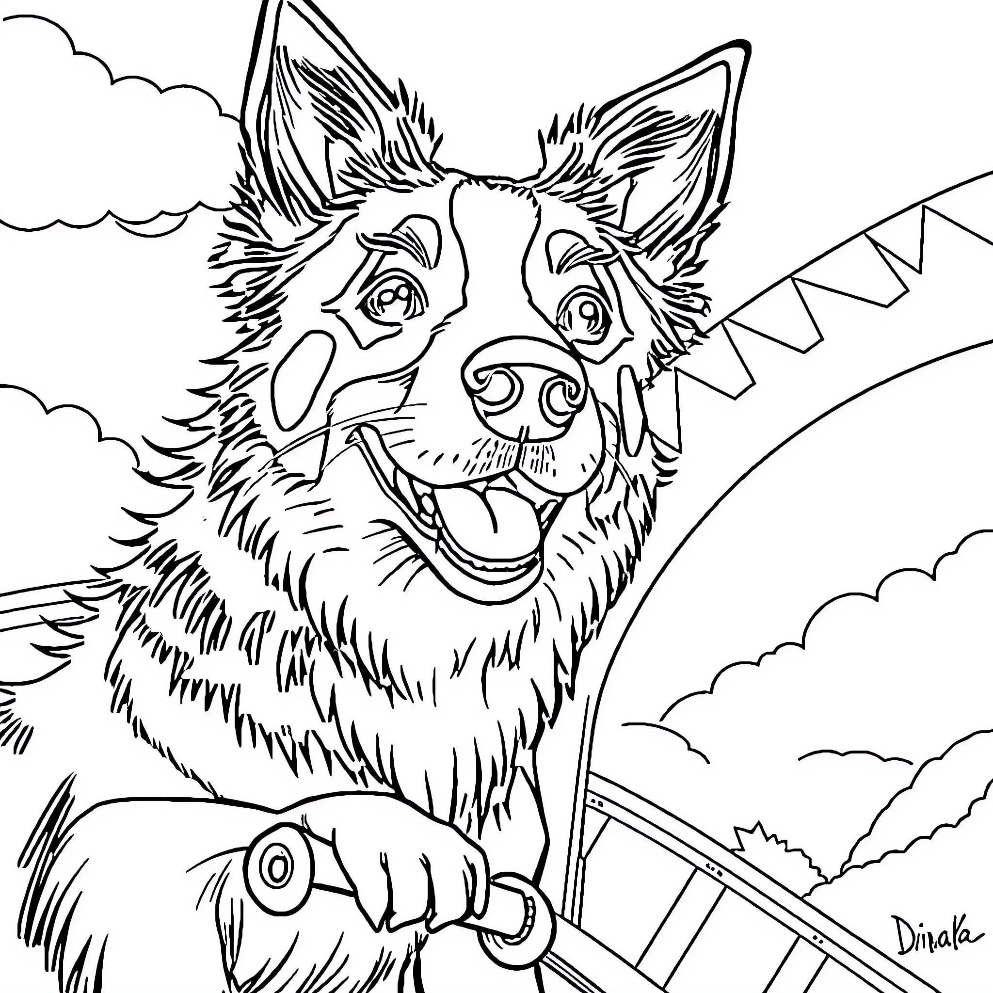 Hund playing happily with colorful objects in the park Coloring Page (free black-and-white line drawing printable PDF for all, from beginners to advanced learners, including children, teens, adults, and seniors)