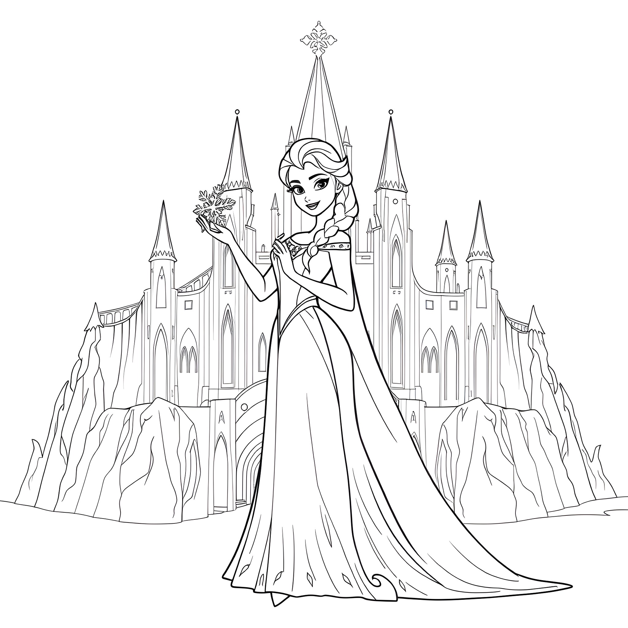 Elsa's Regal Pose in a Fairytale Castle Coloring Page (free black-and-white line drawing printable PDF for all, from beginners to advanced learners, including children, teens, adults, and seniors)