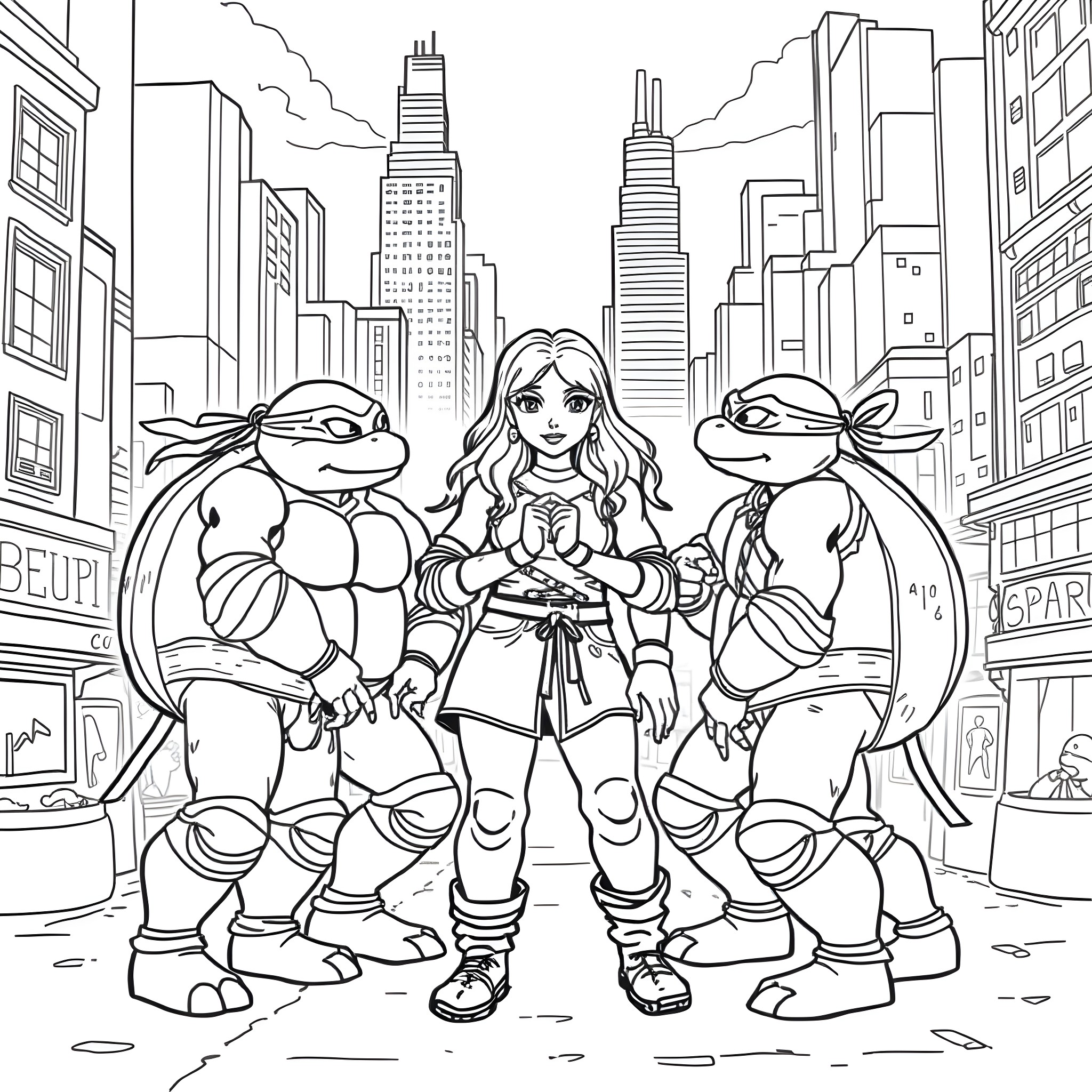 Teenage Mutant Ninja Turtles on an urban adventure Coloring Page (free black-and-white line drawing printable PDF for all, from beginners to advanced learners, including children, teens, adults, and seniors)