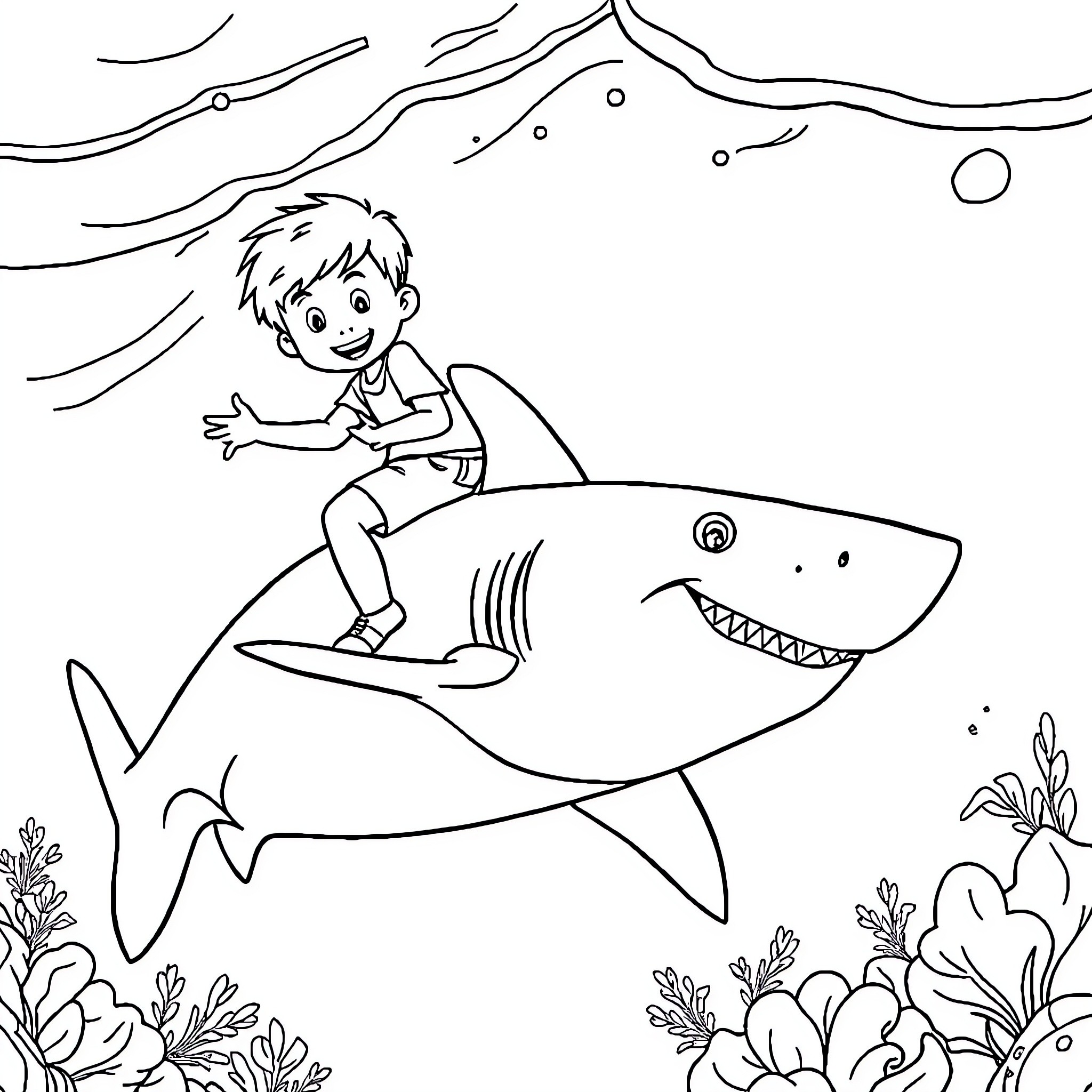 Boy surfing on a shark in the ocean Coloring Page (free black-and-white line drawing printable PDF for all, from beginners to advanced learners, including children, teens, adults, and seniors)