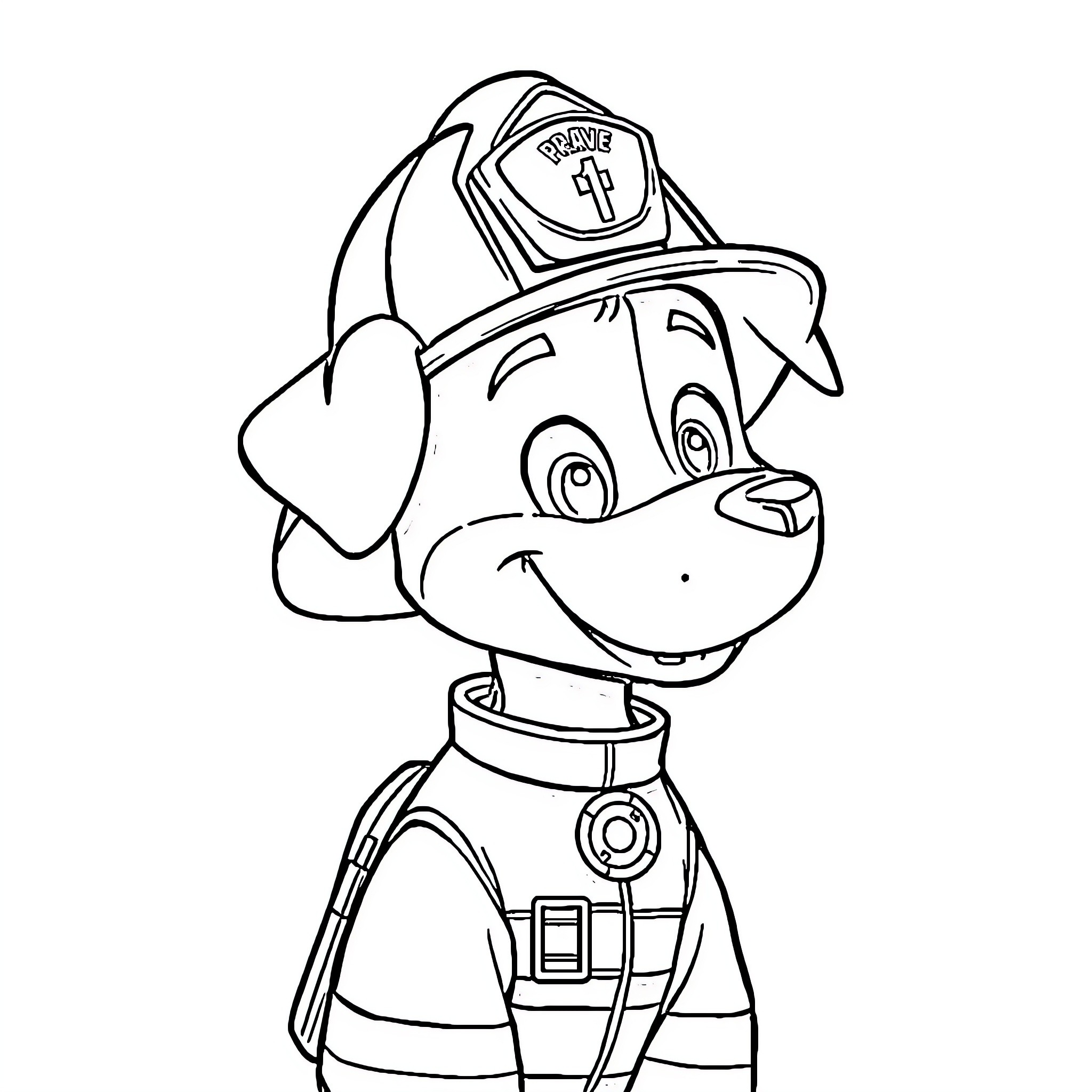 Dog firefighter in uniform smiling happily Coloring Page (free black-and-white line drawing printable PDF for all, from beginners to advanced learners, including children, teens, adults, and seniors)
