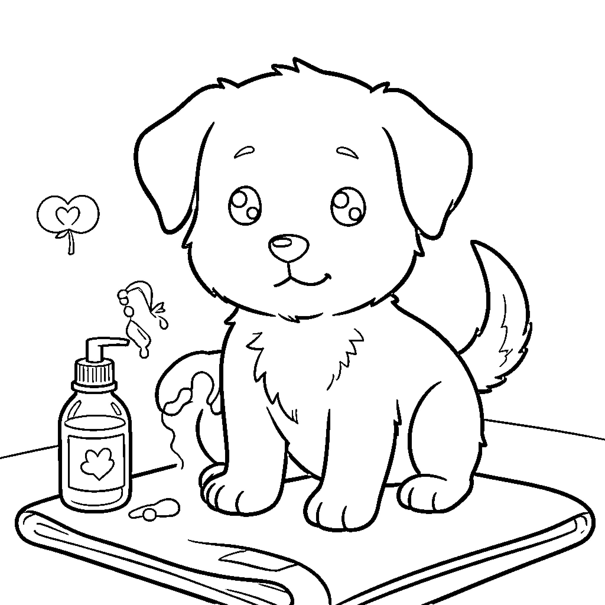 Puppy enjoying a grooming session Coloring Page (free black-and-white line drawing printable PDF for all, from beginners to advanced learners, including children, teens, adults, and seniors)