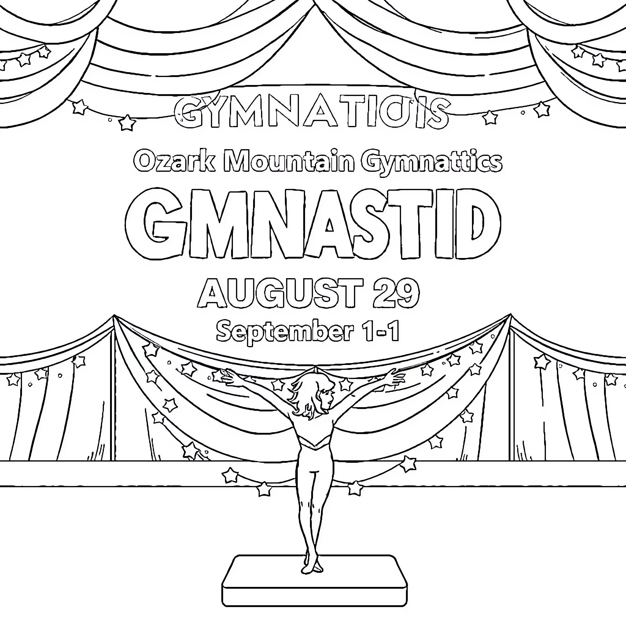 Gymnastics event at Ozark Mountain Gymnastics Coloring Page (free black-and-white line drawing printable PDF for all, from beginners to advanced learners, including children, teens, adults, and seniors)