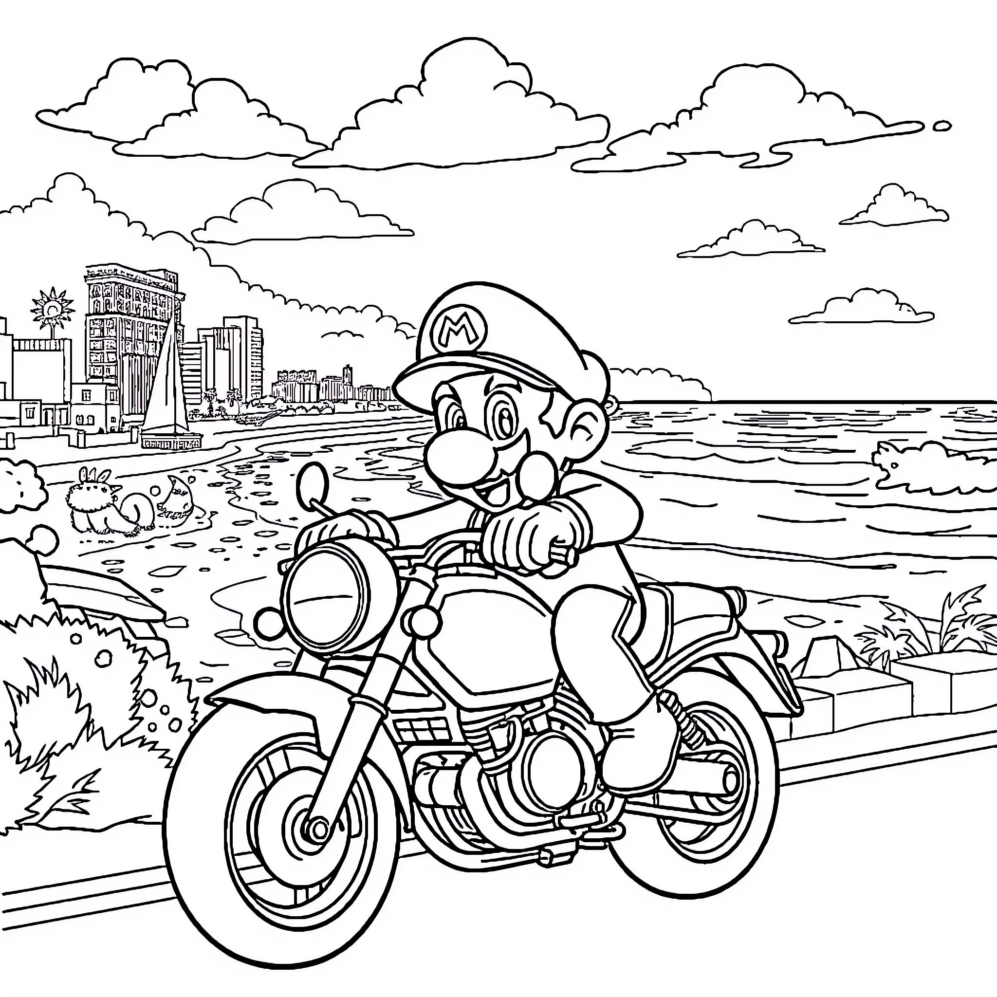 Mario rides motorcycle through scenic cityscape Coloring Page (free black-and-white line drawing printable PDF for all, from beginners to advanced learners, including children, teens, adults, and seniors)