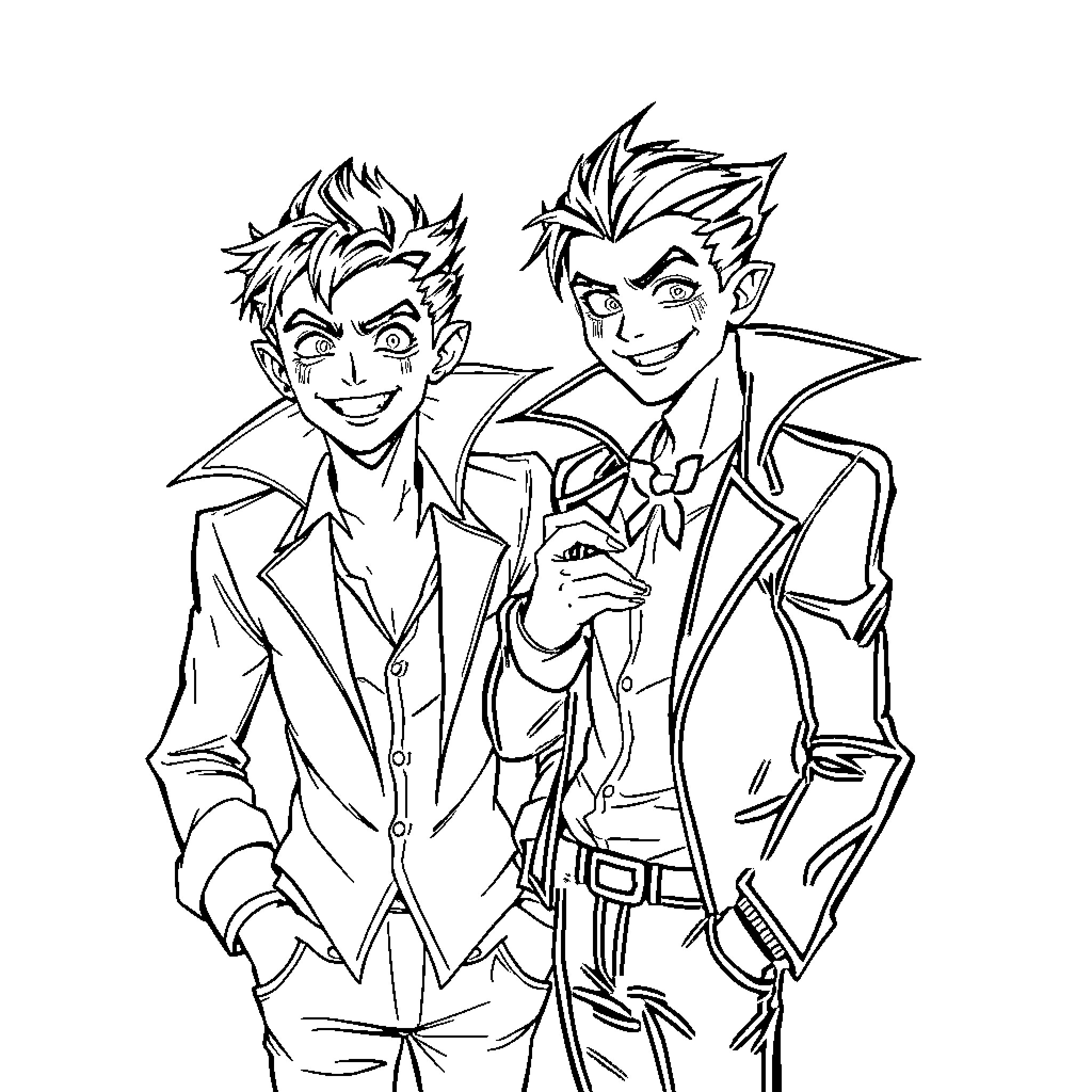 Vampire Brothers Enjoying Each Other's Company Coloring Page (free black-and-white line drawing printable PDF for all, from beginners to advanced learners, including children, teens, adults, and seniors)