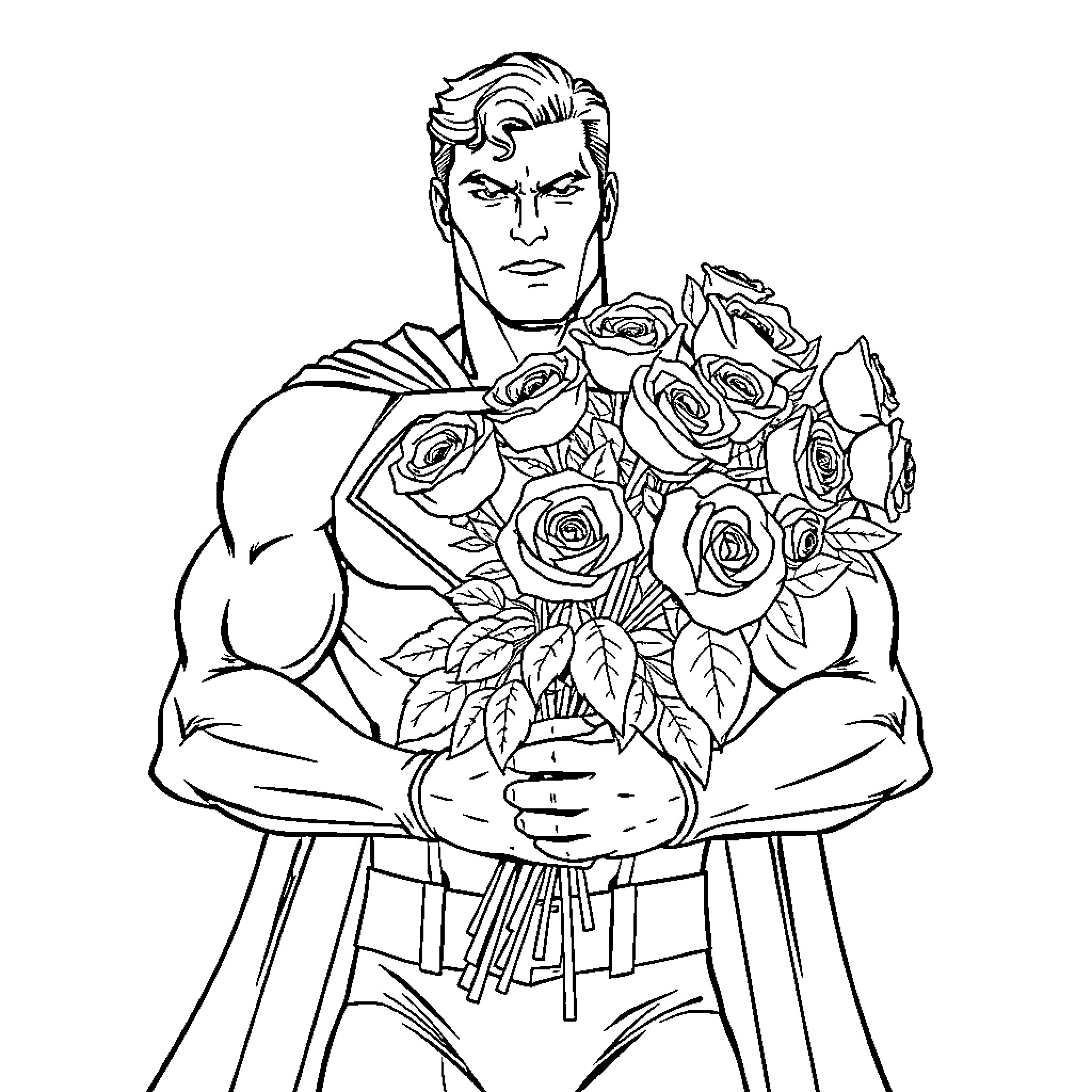 Superman Holding a Bouquet of Roses Coloring Page (free black-and-white line drawing printable PDF for all, from beginners to advanced learners, including children, teens, adults, and seniors)