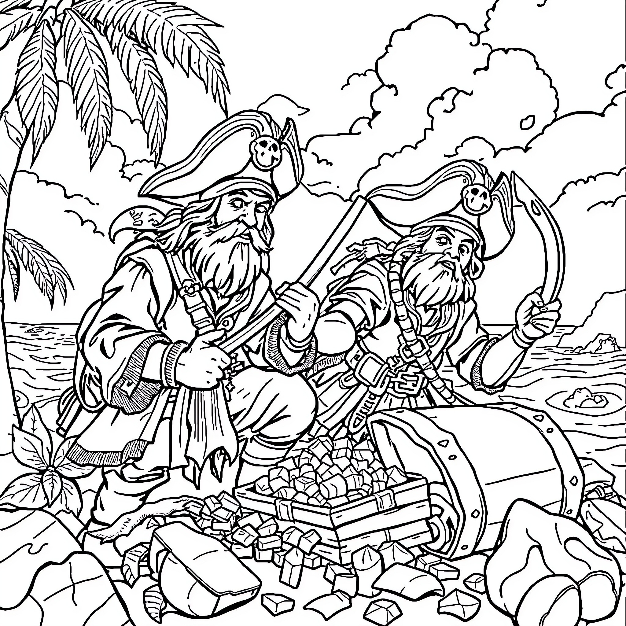 Bear pirates exploring treasure on a tropical island Coloring Page (free black-and-white line drawing printable PDF for all, from beginners to advanced learners, including children, teens, adults, and seniors)