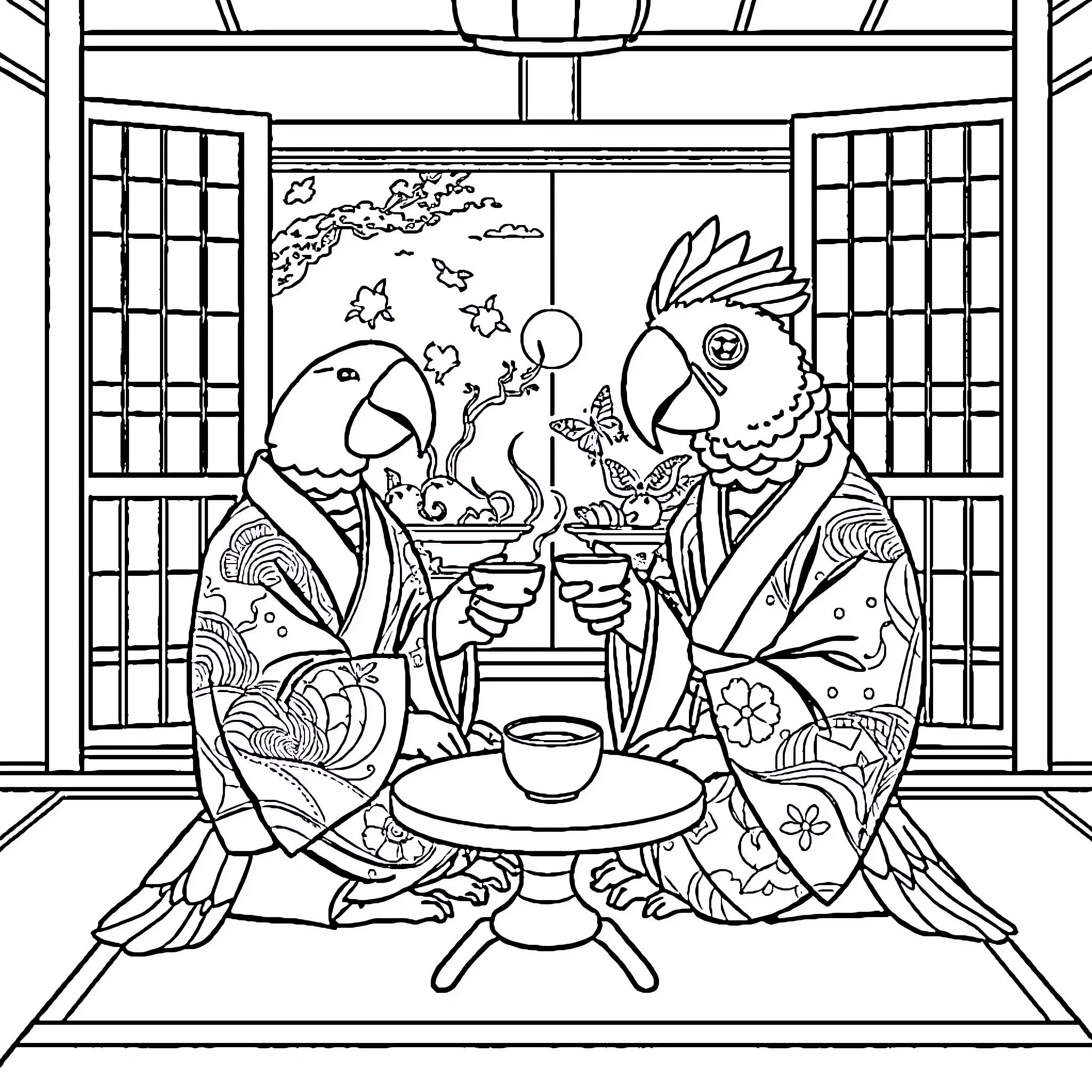 Parrot Sipping Tea in Traditional Japanese Setting Coloring Page (free black-and-white line drawing printable PDF for all, from beginners to advanced learners, including children, teens, adults, and seniors)