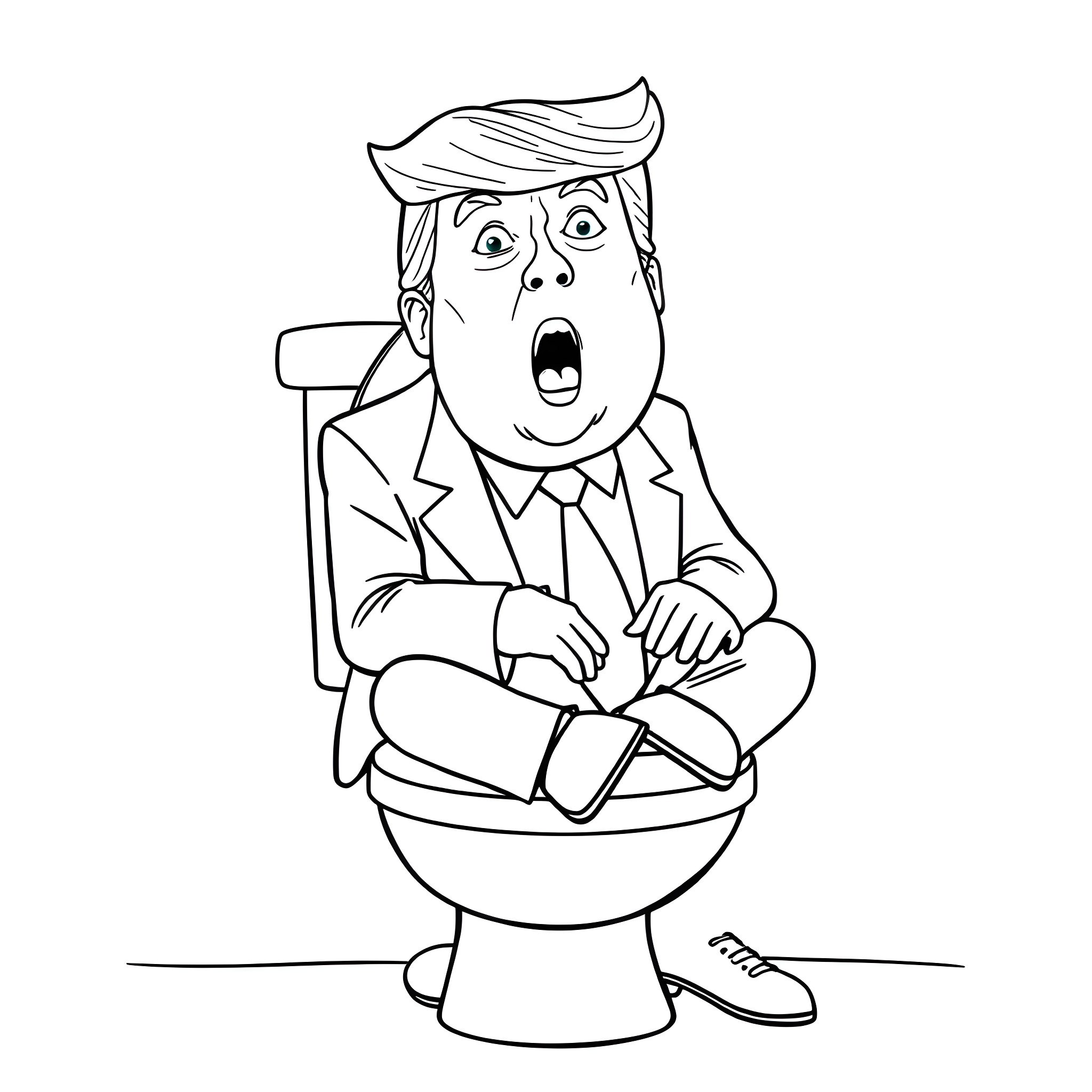 Donald Trump sitting on the toilet with a shocked expression Coloring Page (free black-and-white line drawing printable PDF for all, from beginners to advanced learners, including children, teens, adults, and seniors)