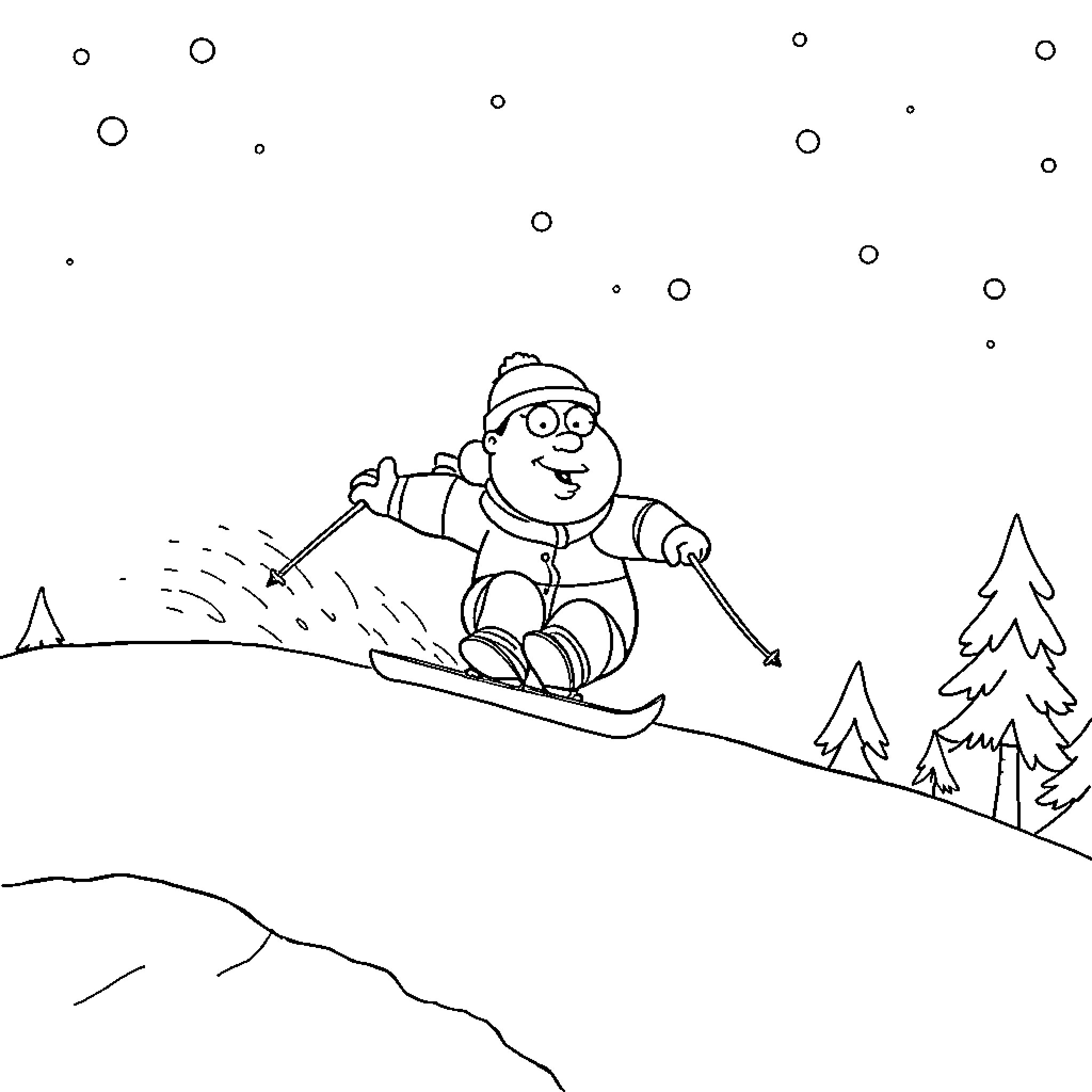 Diabeto skiing down a snowy slope Coloring Page (free black-and-white line drawing printable PDF for all, from beginners to advanced learners, including children, teens, adults, and seniors)