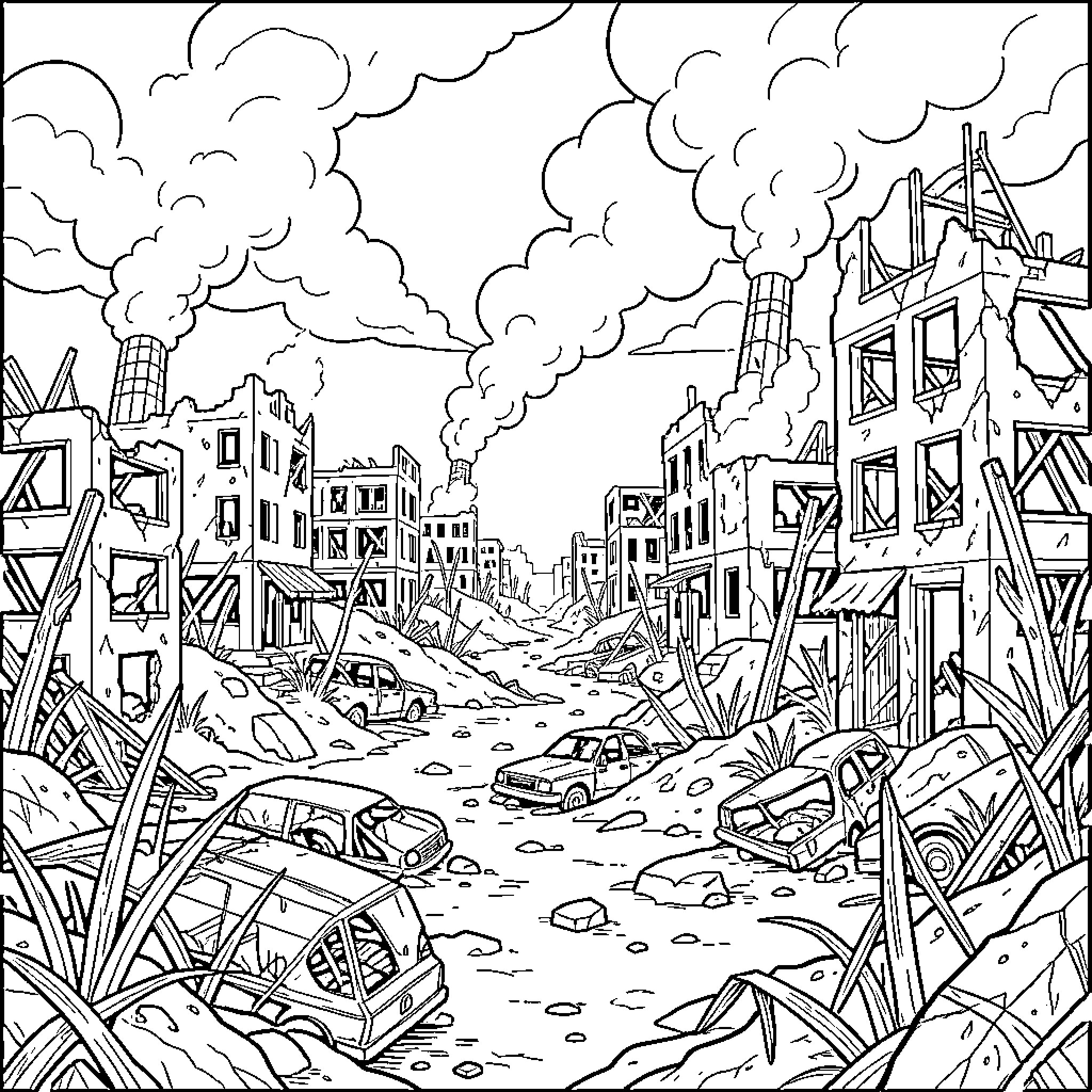 Fallout: Devastated cityscape with rubble and destruction Coloring Page (free black-and-white line drawing printable PDF for all, from beginners to advanced learners, including children, teens, adults, and seniors)