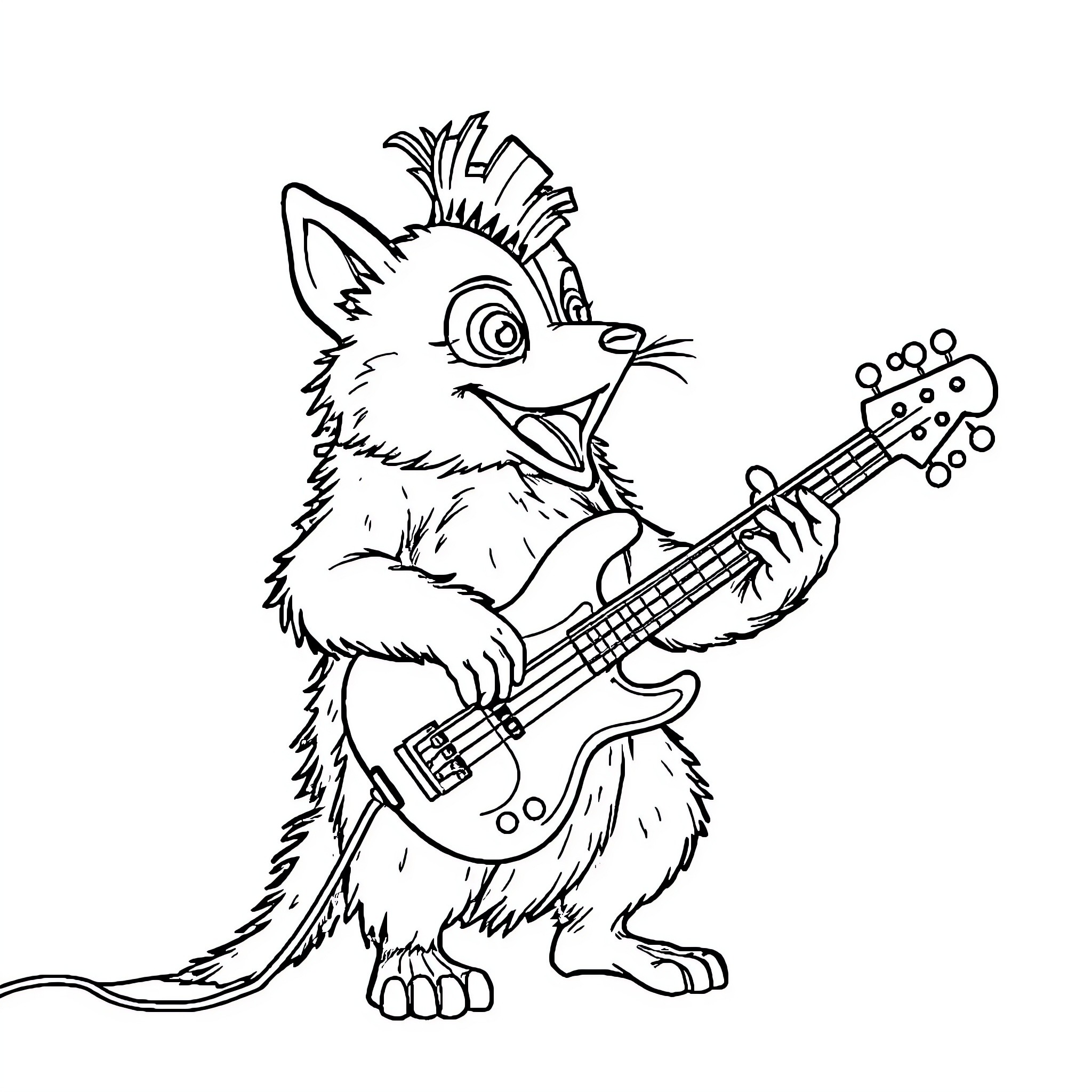 Cocker playing electric guitar with style Coloring Page (free black-and-white line drawing printable PDF for all, from beginners to advanced learners, including children, teens, adults, and seniors)