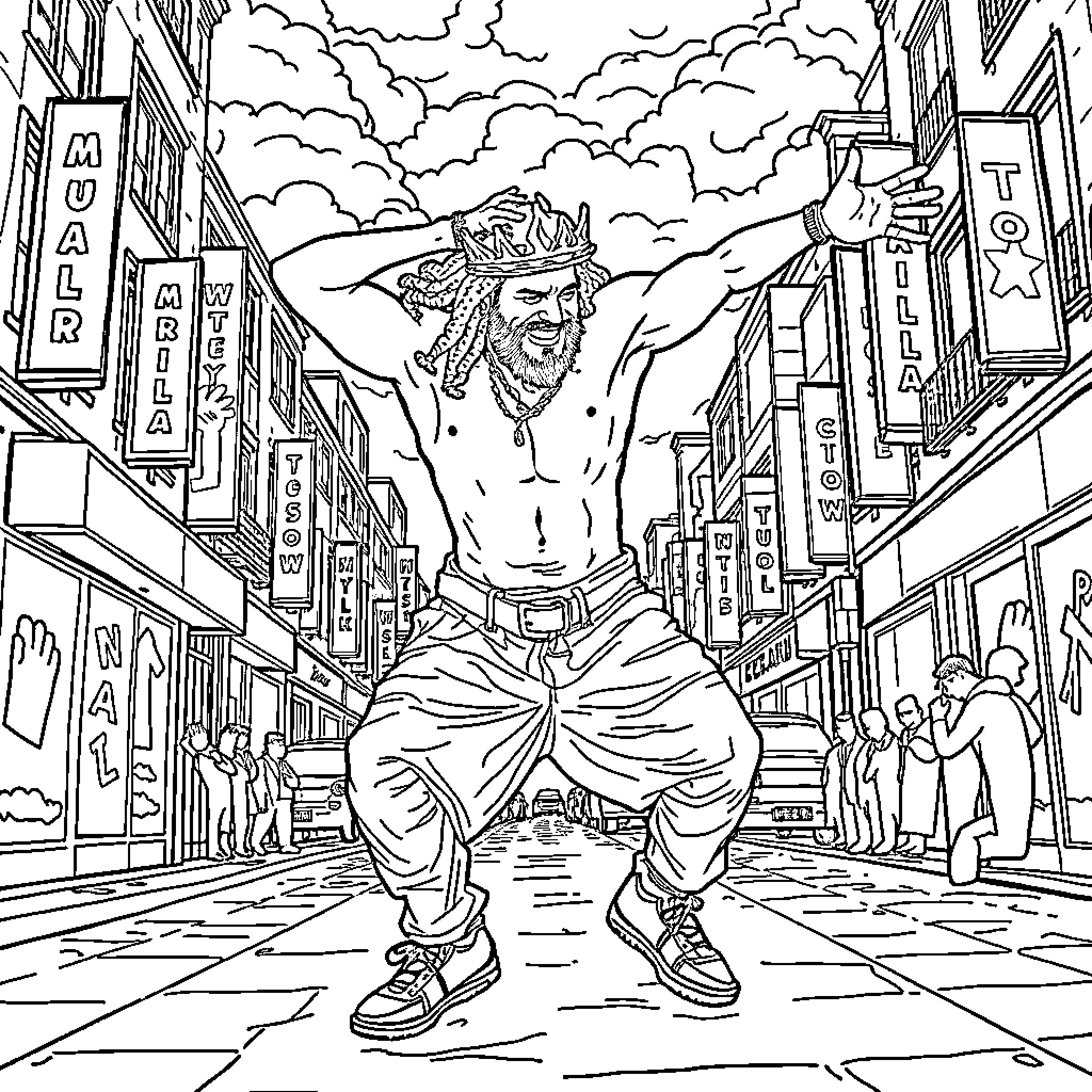 Jason Momoa strikes a powerful pose in the city streets Coloring Page (free black-and-white line drawing printable PDF for all, from beginners to advanced learners, including children, teens, adults, and seniors)