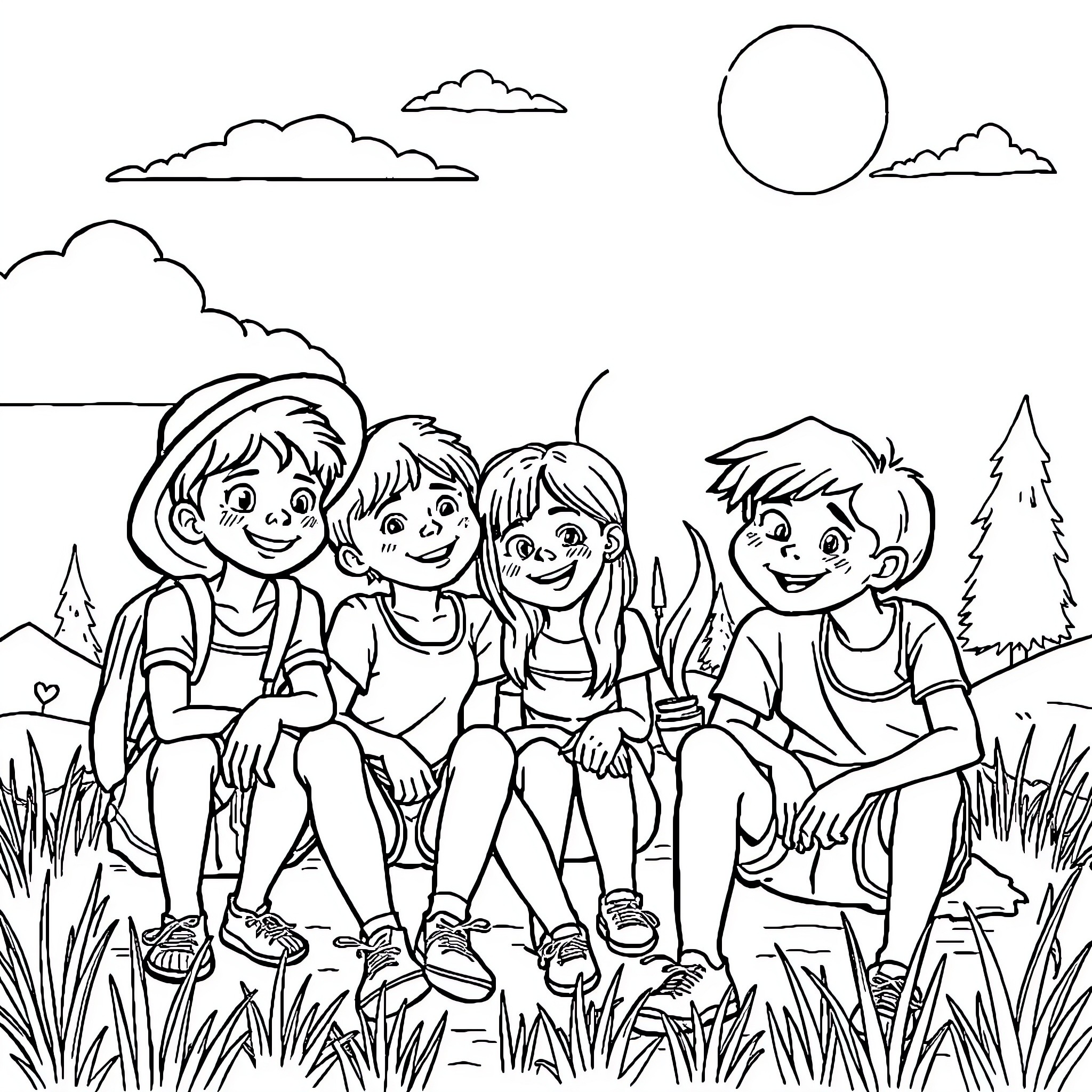 Miniteen friends enjoying outdoor adventure Coloring Page (free black-and-white line drawing printable PDF for all, from beginners to advanced learners, including children, teens, adults, and seniors)