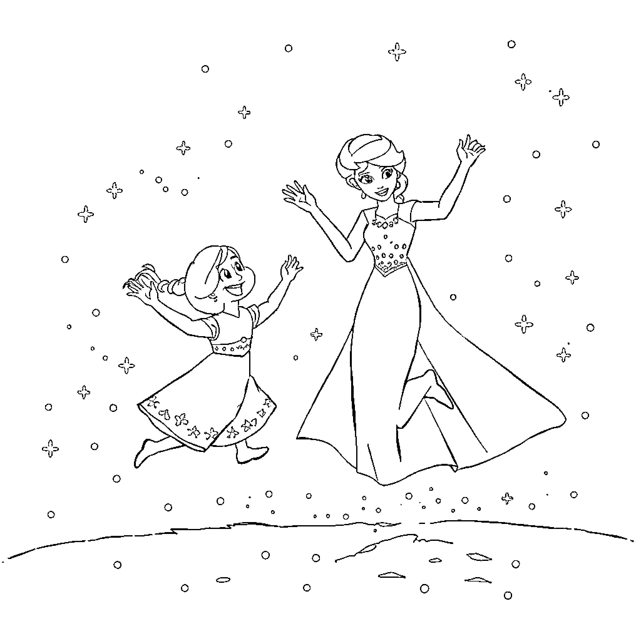 Elsa and Anna dancing joyfully in the snow Coloring Page (free black-and-white line drawing printable PDF for all, from beginners to advanced learners, including children, teens, adults, and seniors)