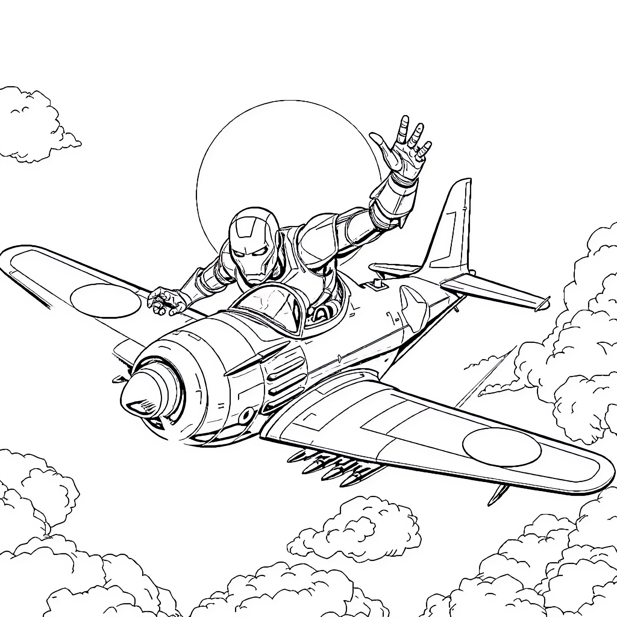 Iron Man flying high in a fighter jet Coloring Page (free black-and-white line drawing printable PDF for all, from beginners to advanced learners, including children, teens, adults, and seniors)