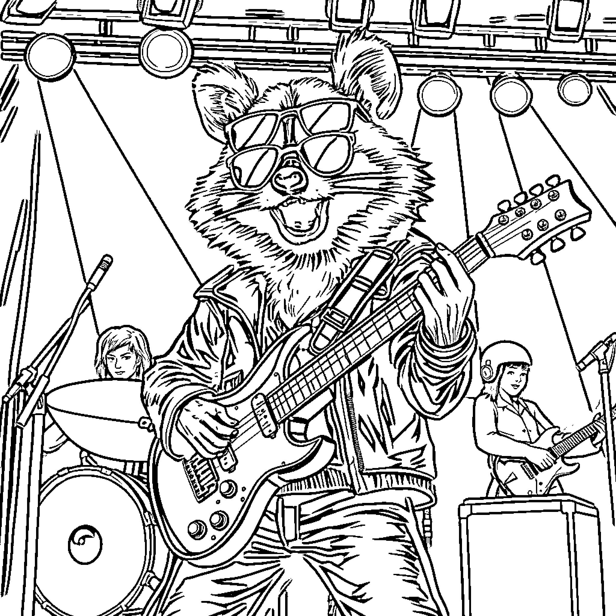 Raccoon performing on stage with a band Coloring Page (free black-and-white line drawing printable PDF for all, from beginners to advanced learners, including children, teens, adults, and seniors)