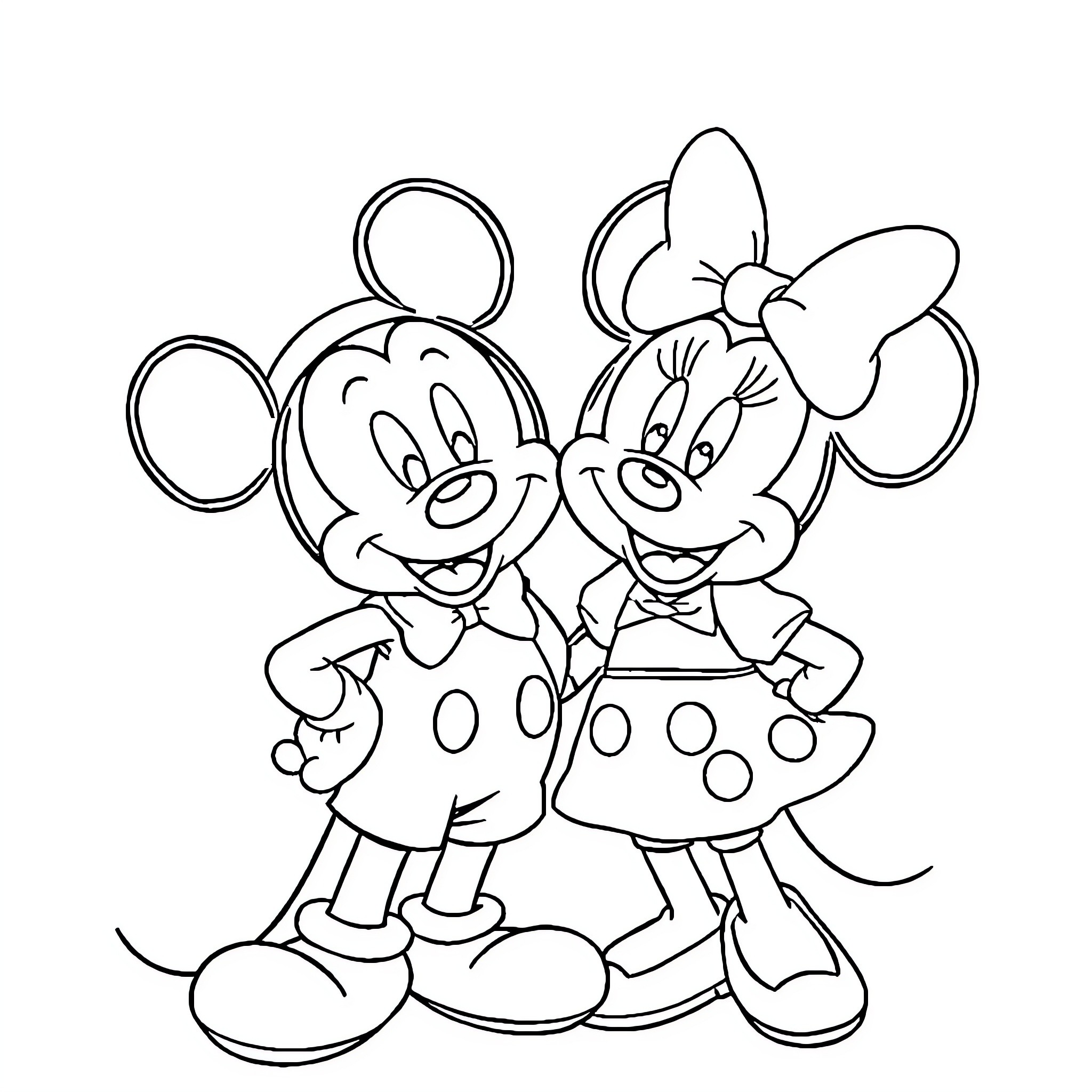 Mickey Mouse and Minnie Mouse happily together Coloring Page (free black-and-white line drawing printable PDF for all, from beginners to advanced learners, including children, teens, adults, and seniors)