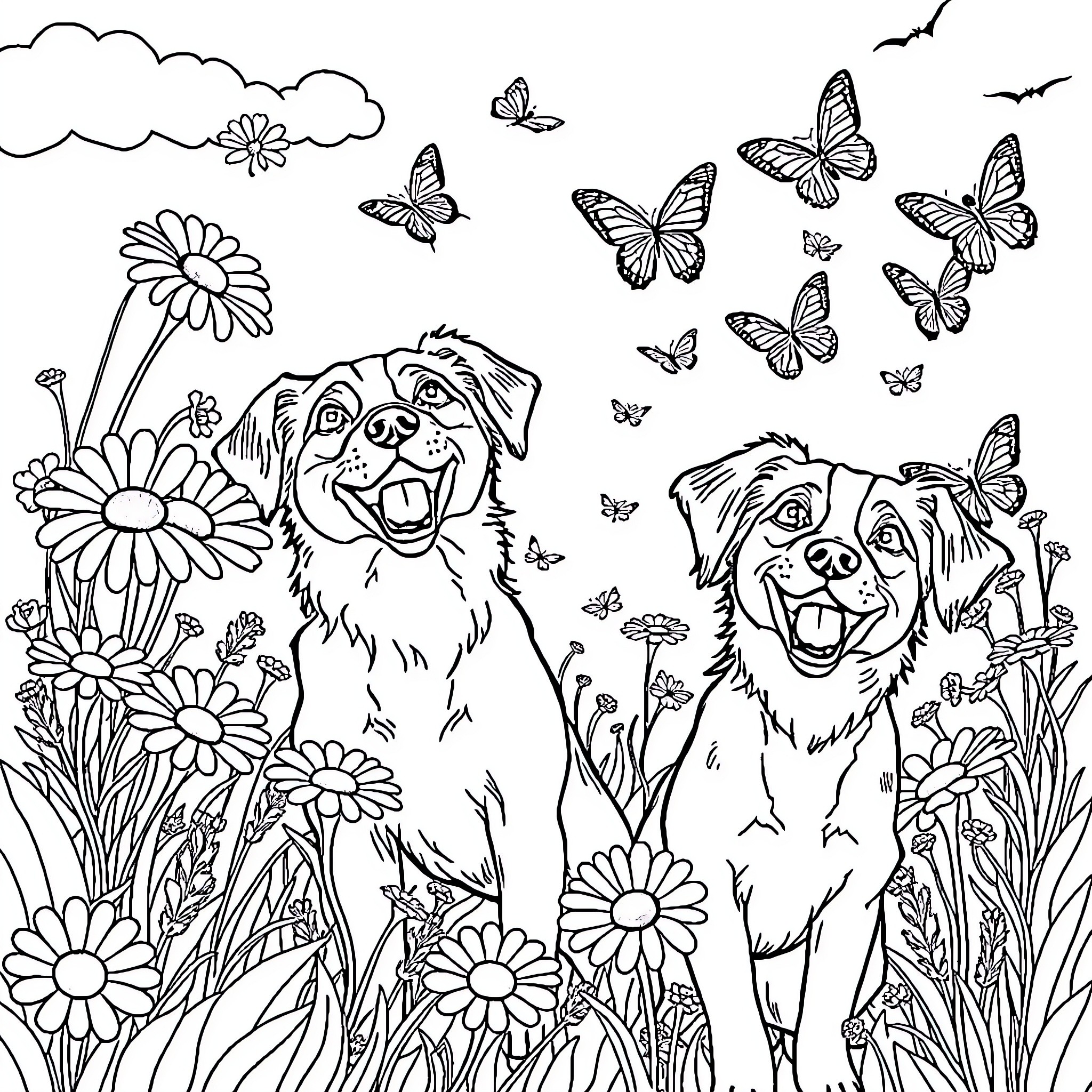 Daisy's Playful Pups Amid Flowers and Butterflies Coloring Page (free black-and-white line drawing printable PDF for all, from beginners to advanced learners, including children, teens, adults, and seniors)