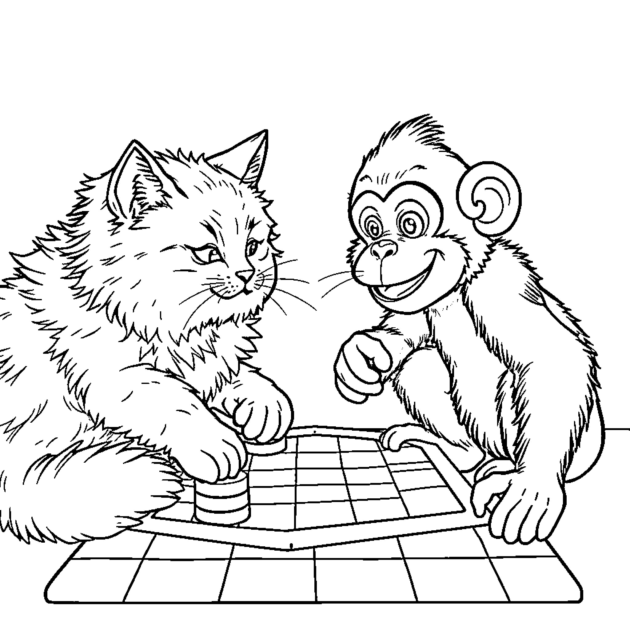 Cat and Monkey Playing Checkers Coloring Page (free black-and-white line drawing printable PDF for all, from beginners to advanced learners, including children, teens, adults, and seniors)