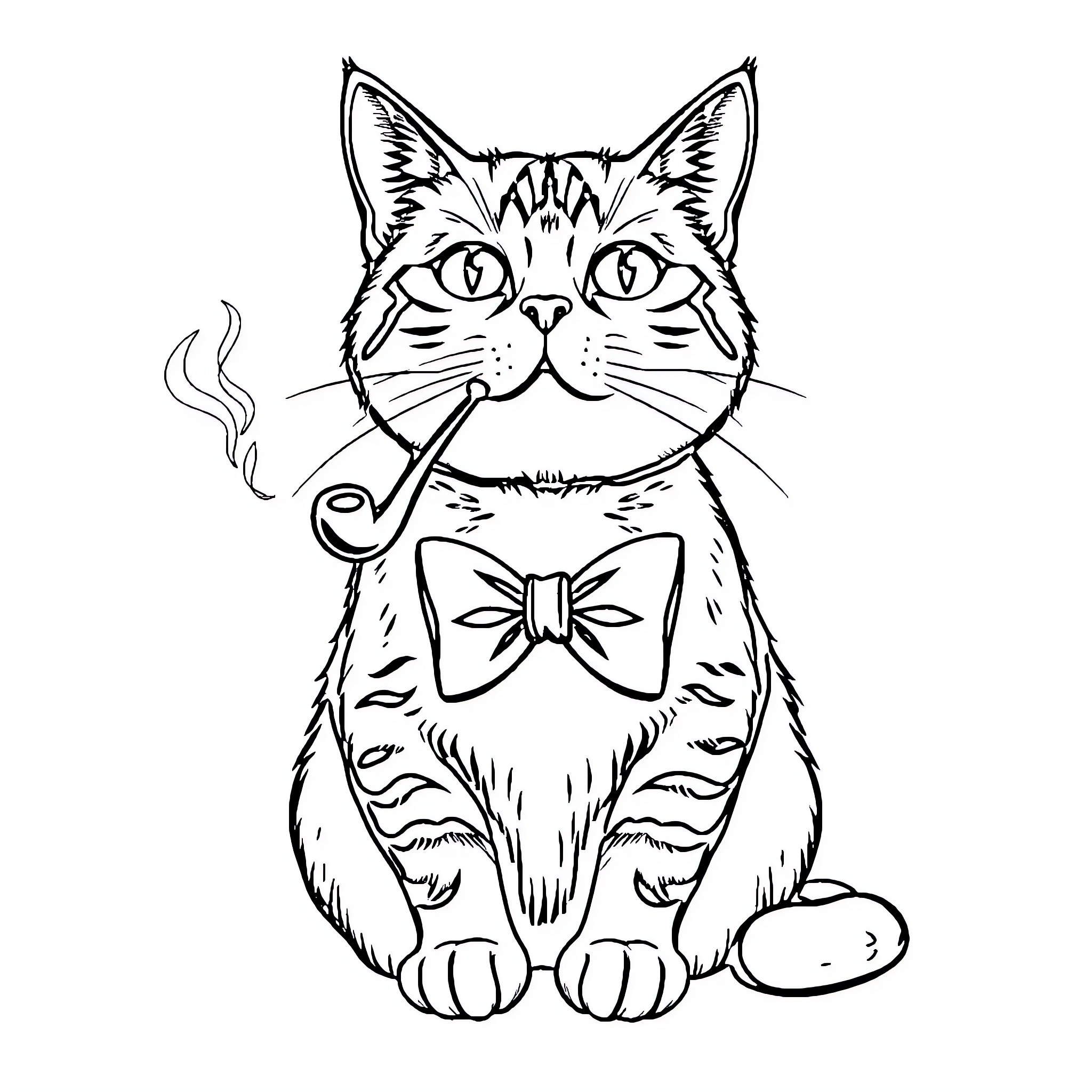 Cat with Pipe and Bow Tie Coloring Page (free black-and-white line drawing printable PDF for all, from beginners to advanced learners, including children, teens, adults, and seniors)